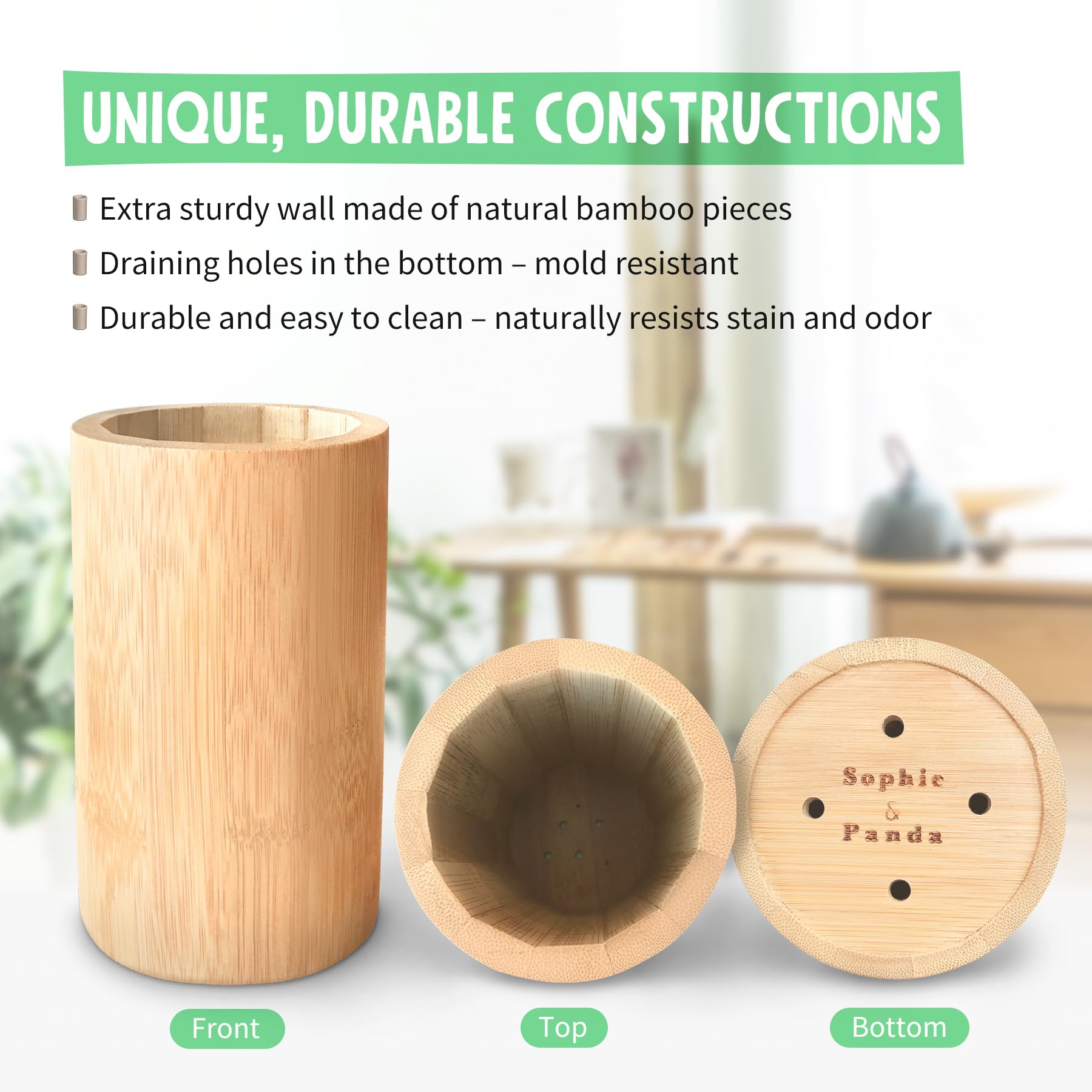 Sophie & Panda Bamboo Pen Holder, Toothbrush Organizer, Makeup Brush Storage, Utensil Caddy - Eco-Friendly Bamboo Cylinder for Home, Office & Bathroom Organization