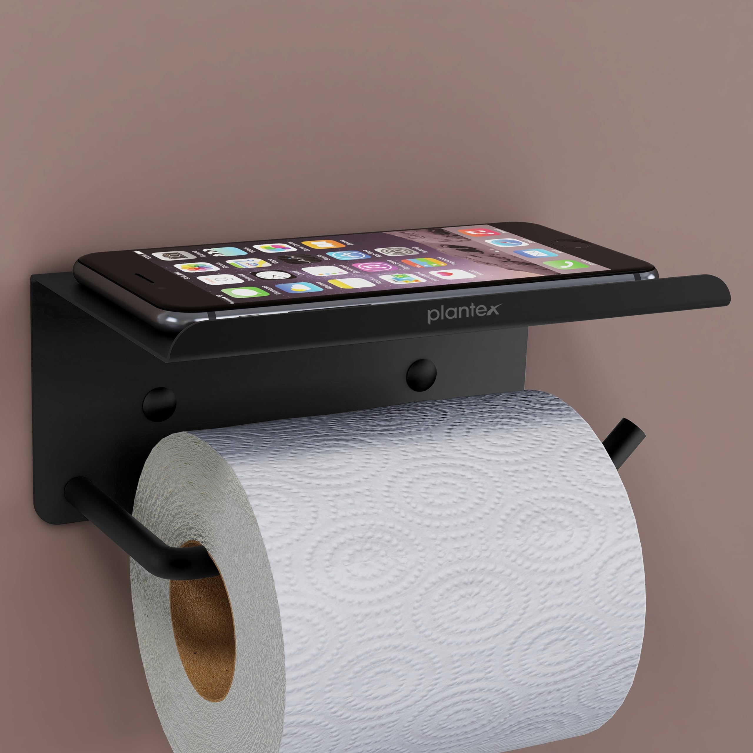 Plantex Stainless Steel Toilet Paper Holder with Mobile Stand - Modern Bathroom Tissue Roll Holder for Home & Office - Durable Black Bathroom Accessories (Perfect for Small Spaces & Guest Bathrooms)