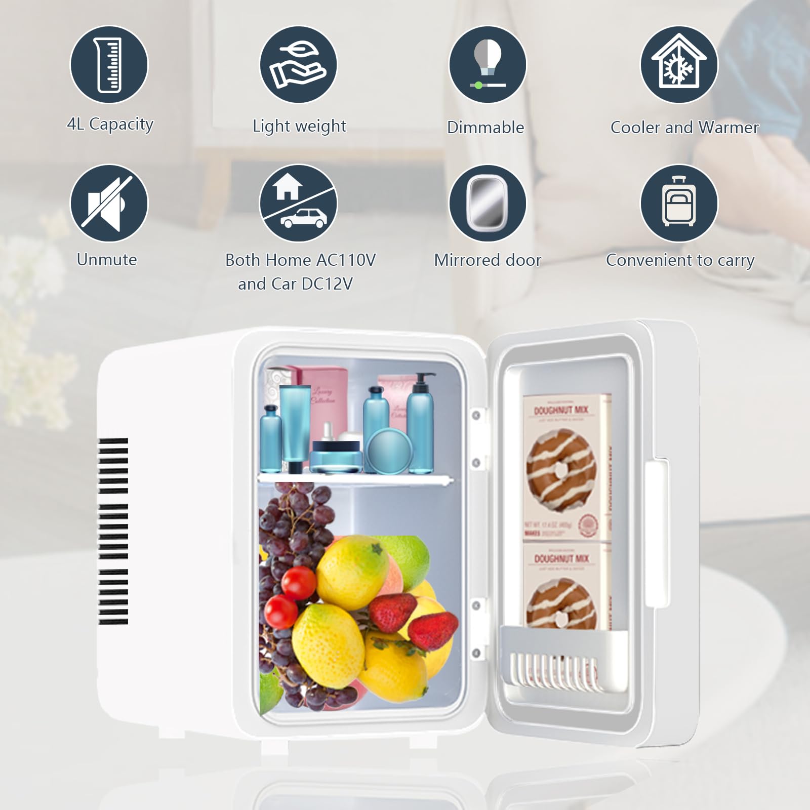 Mini Skincare Fridge with Dimmable LED Mirror - 4L/6 Can Portable Cooler & Warmer for Makeup, Cosmetics, Food & Drinks - Perfect for Bedroom, Office, Car & Dorm - Compact White Refrigerator for Beauty Storage & Snack Preservation