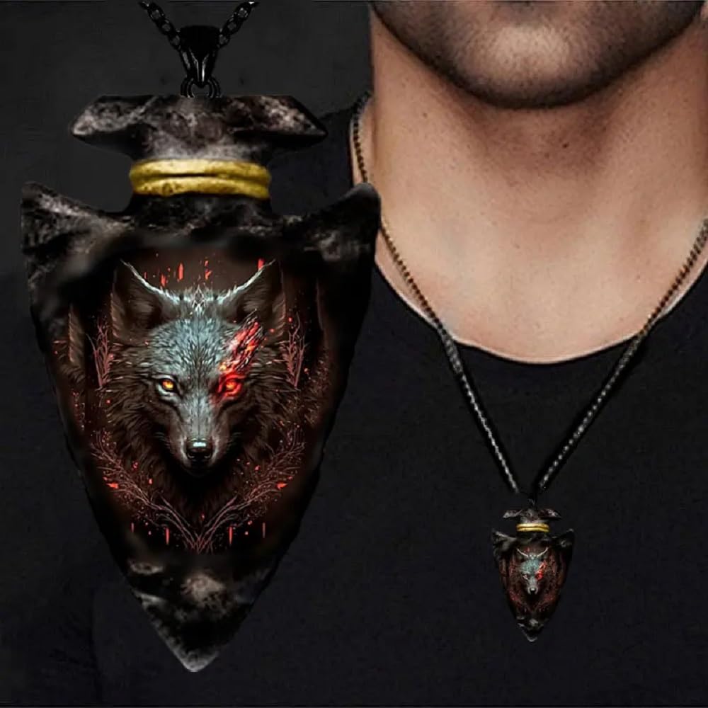 Red Wolf Arrowhead Necklace - Handmade Stainless Steel Pendant for Men & Women - Perfect for Outdoor Adventures, Camping & Tribal Style Fashion
