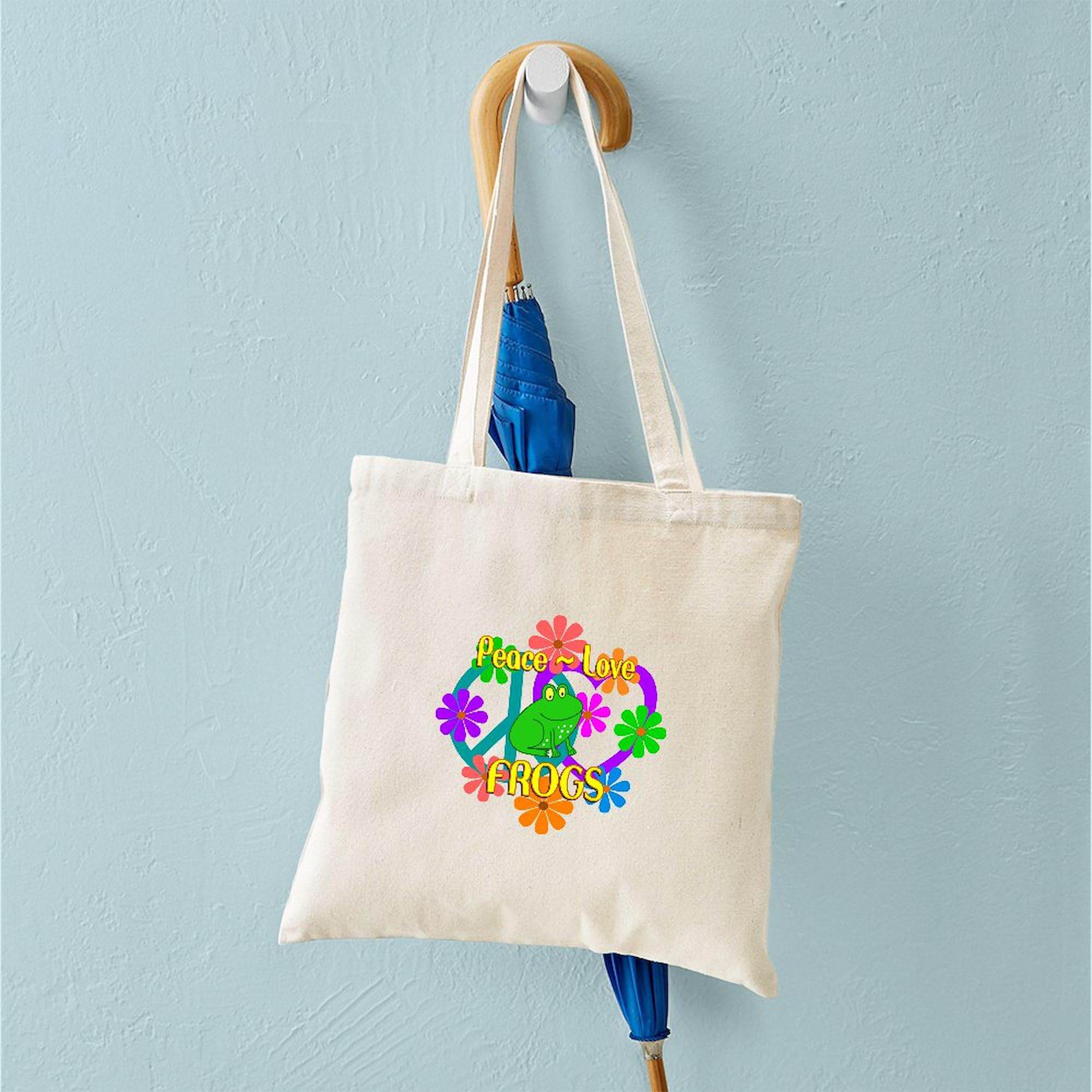 Eco-Friendly Peace Love Frogs Canvas Tote Bag - Natural Reusable Shopping Bag for Groceries, Beach & Daily Use | Sustainable Cotton Carryall