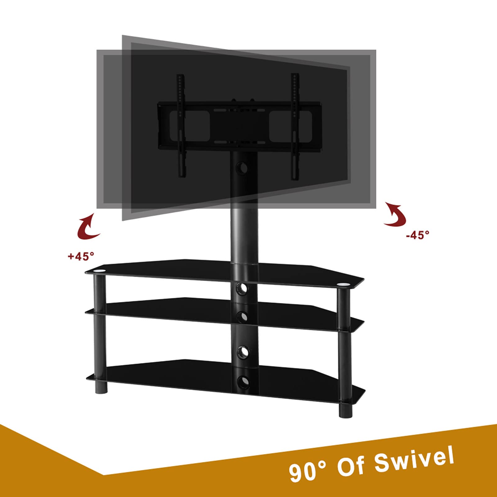 Adjustable Swivel Floor TV Stand for 32-65 Inch TVs - 3-Tier Tempered Glass Media Console with Height Adjustable Bracket - Perfect for Living Room, Bedroom & Home Theater Entertainment Setup