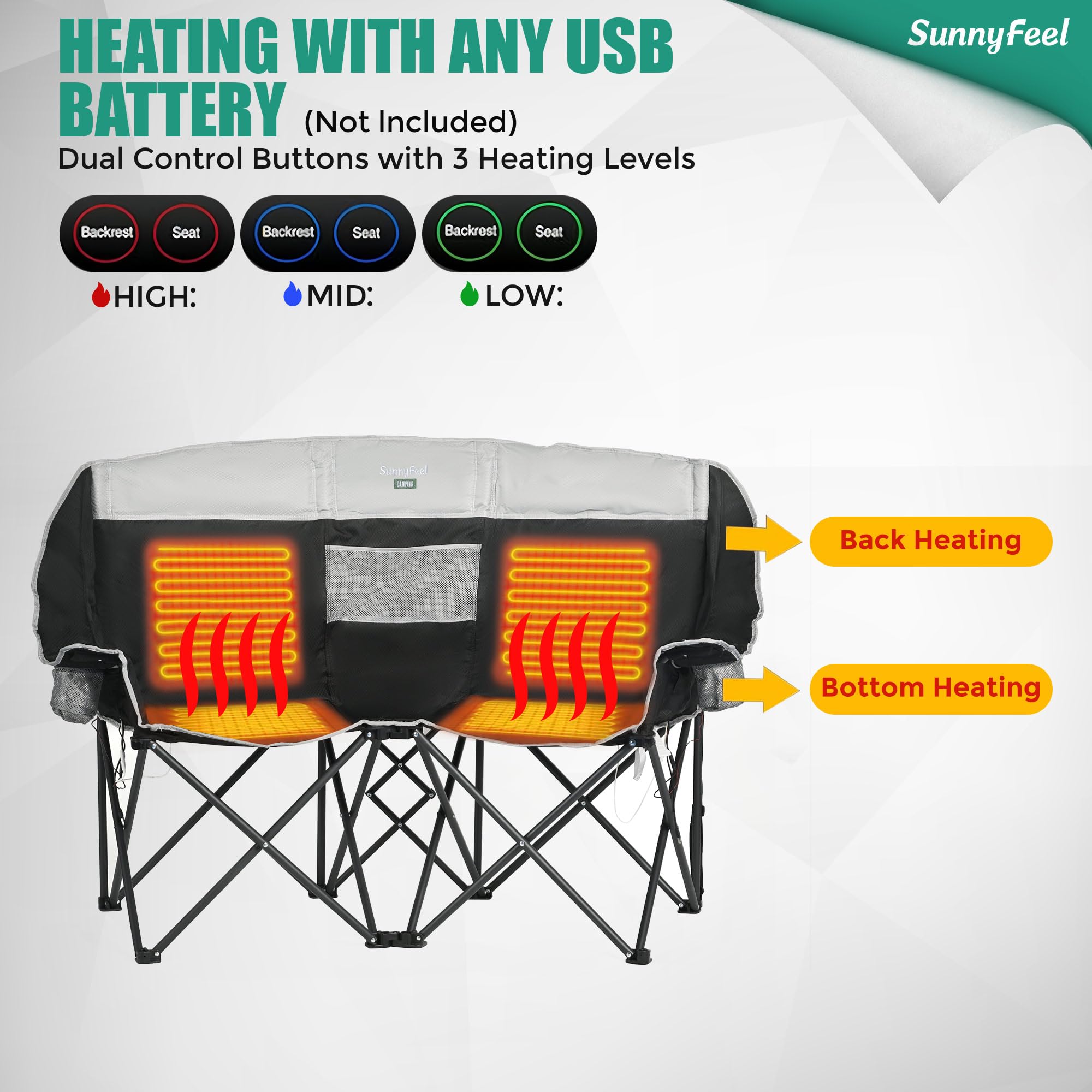**SUNNYFEEL Heated Double Camping Chair for 2 Adults - Oversized Folding Loveseat with Heating, Heavy Duty Portable & Foldable Lawn Chair for Beach, Outdoor, Travel, Picnic, Camping - Perfect for Couples & Outdoor Enthusiasts**