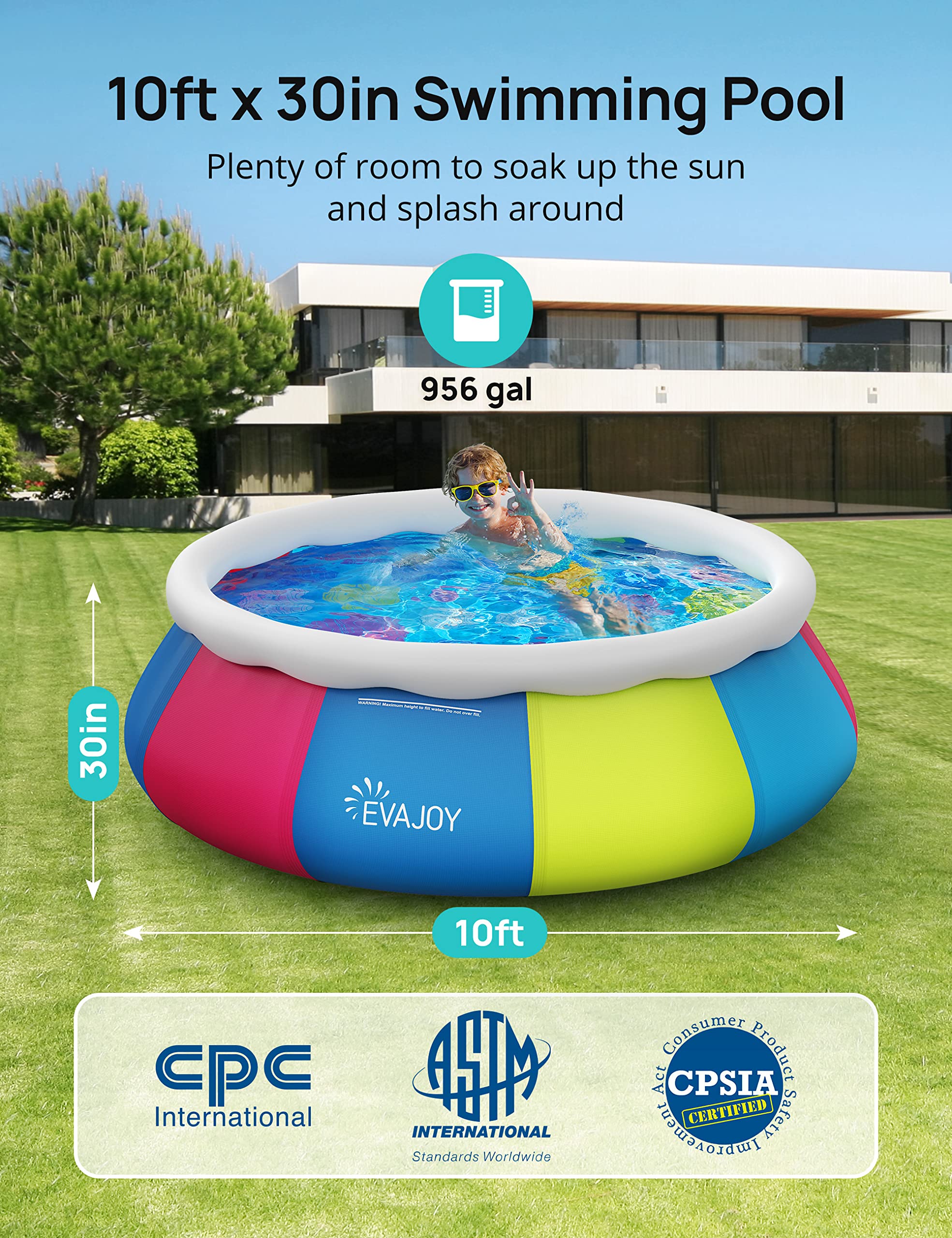 EVAJOY 10ft × 30in Inflatable Above Ground Swimming Pool with Top Ring & Cover - Easy Setup Family Kiddie Pool for Adults & Kids - Perfect for Backyard, Outdoor Summer Fun, Parties & Relaxation
