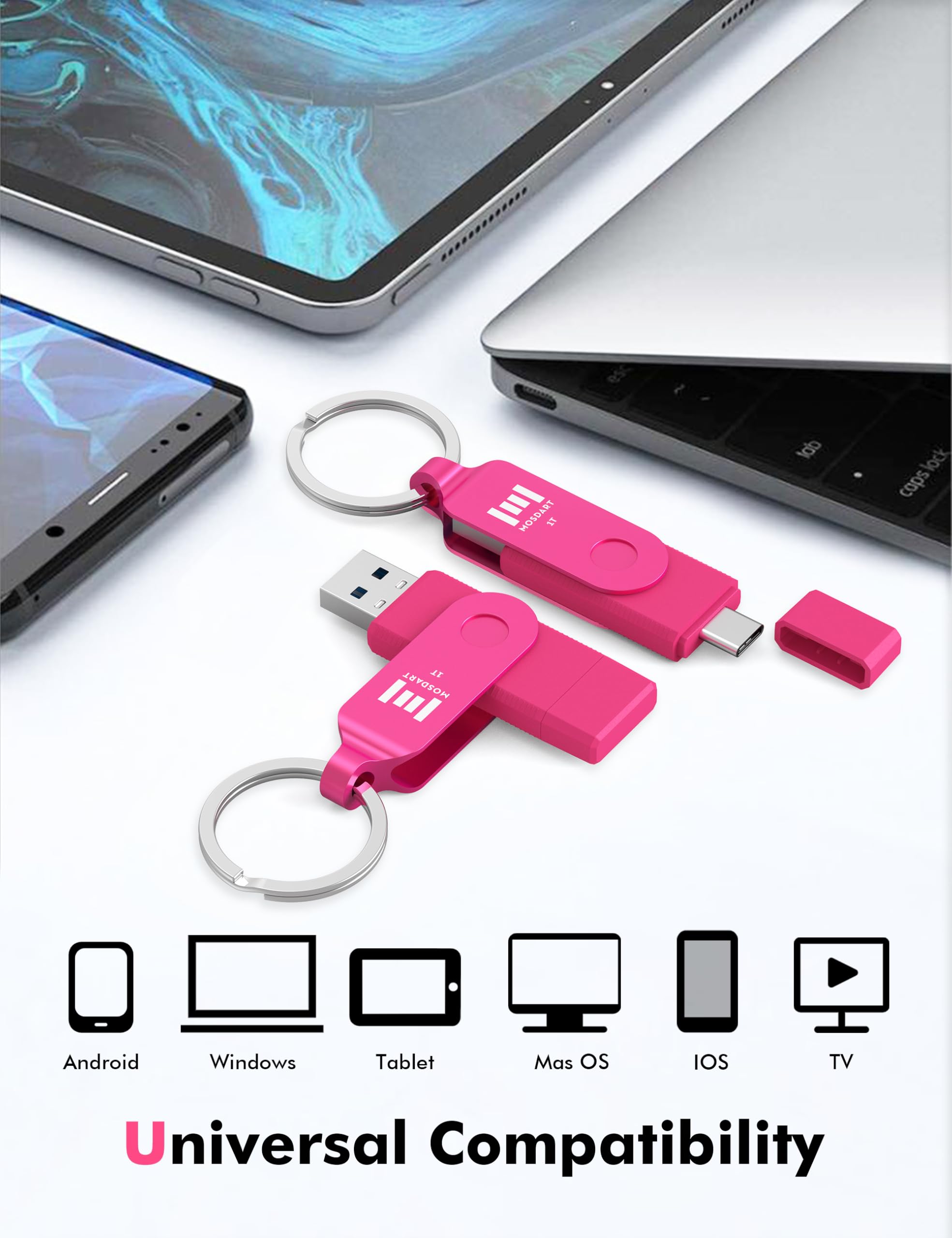 MOSDART 1TB USB 3.1 Flash Drive - High-Speed Dual C&A Interface Memory Stick with Keychain & LED Light - Compatible with iPhone 15/16, Android, iPad, MacBook - exFAT Format - Hot Pink - Perfect for Data Transfer, Backup & Portable Storage