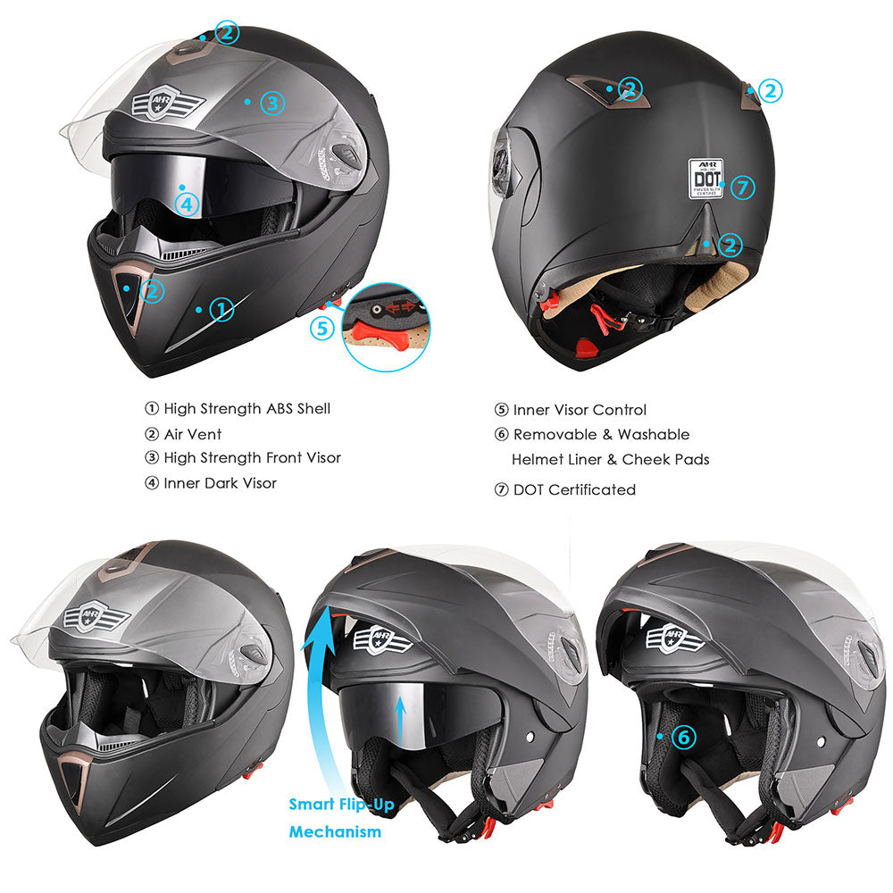 TheLAShop RUN M Modular Motorcycle Helmet - DOT Approved Full Face Flip Up Helmet in Black for Safe & Comfortable Riding