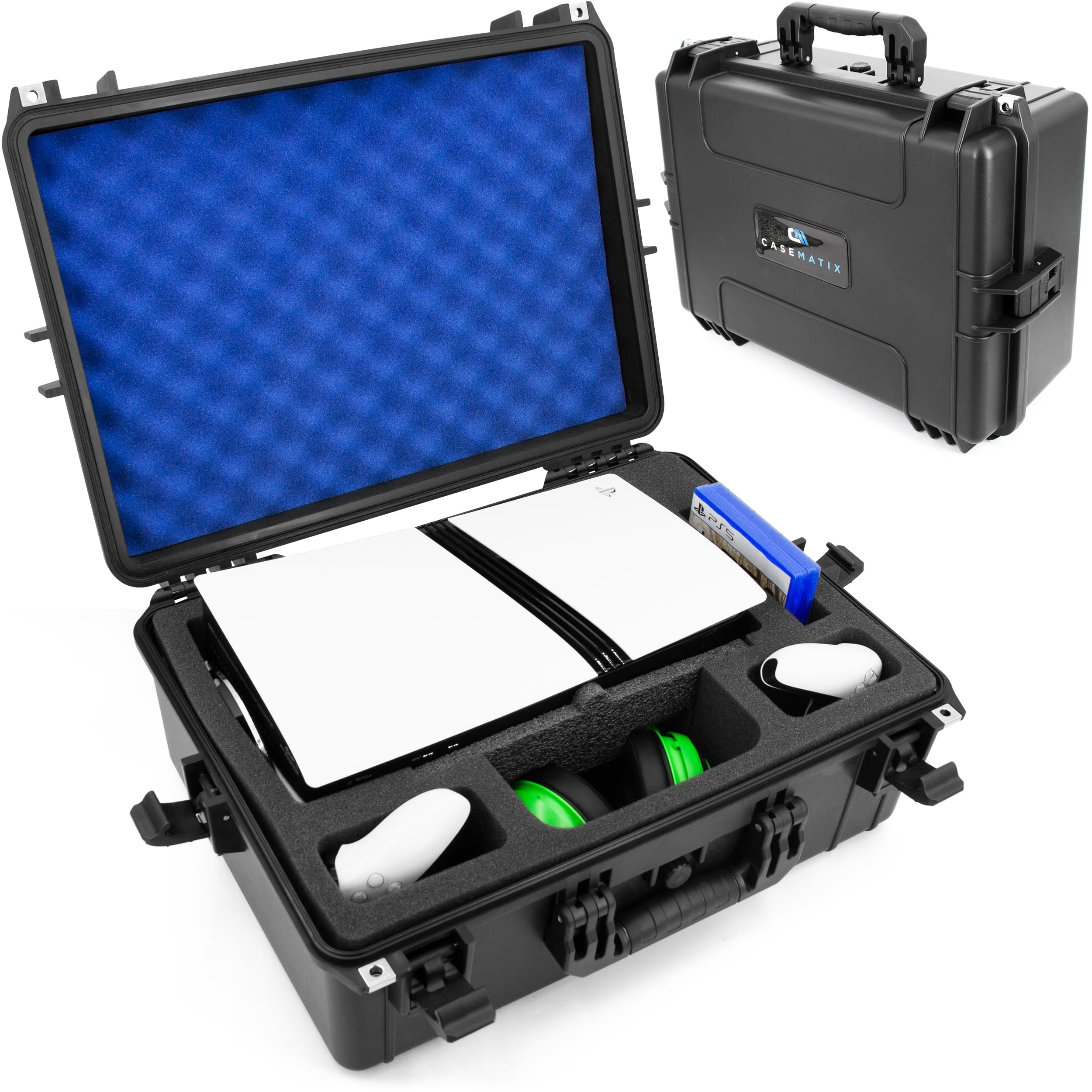CASEMATIX Hard Shell Waterproof Travel Case for PlayStation 5 & PS5 Disc Drive - Protective Storage with Custom Foam for Console, 2 Controllers, Stand, Headset & Games | Perfect for Travel, Gaming Events & Secure Storage
