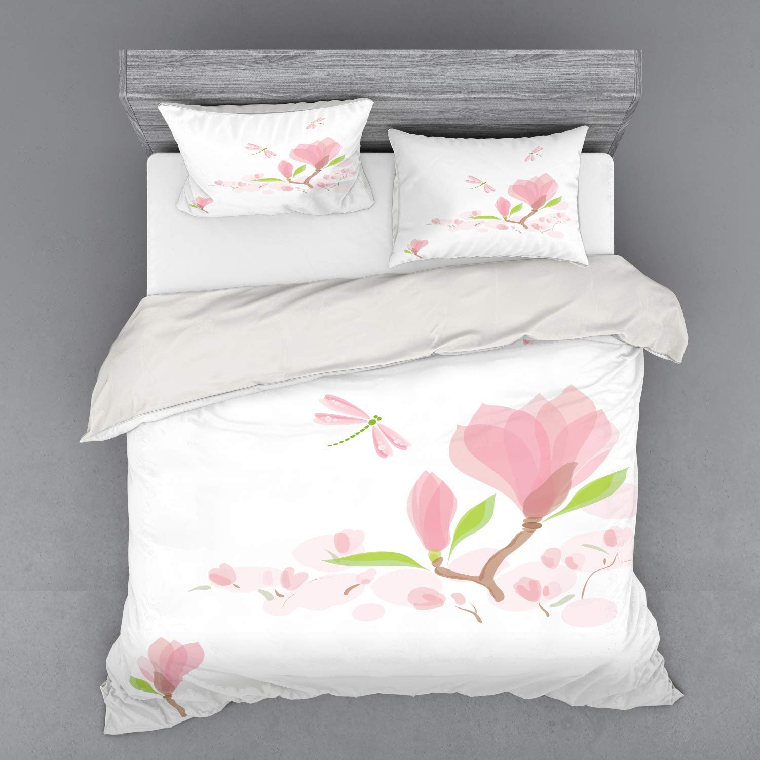 Ambesonne Dragonfly Duvet Cover Set - King Size 4-Piece Bedding with Shams & Fitted Sheet, Soft Pink & Lime Green Magnolia Branch Design, Spring Floral Theme for Romantic Bedroom Decor | Perfect for Master Bedroom, Guest Room, or Spring Wedding Gift