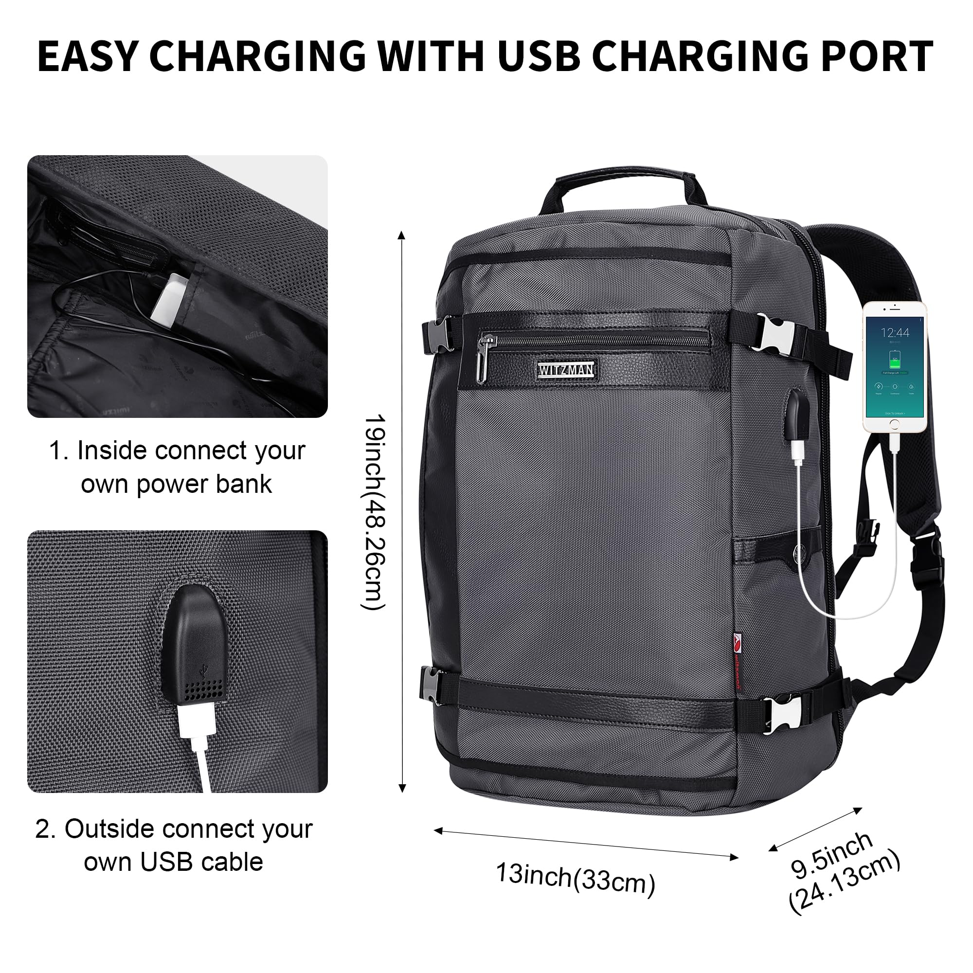 WITZMAN Travel Backpack for Men & Women - 17 Inch Laptop Backpack with USB Charging Port, Water Resistant Carry-On Backpack for Airplane, Flight Approved (B686 Silvery Grey) - Perfect for Business Travel, Commuting & Weekend Getaways