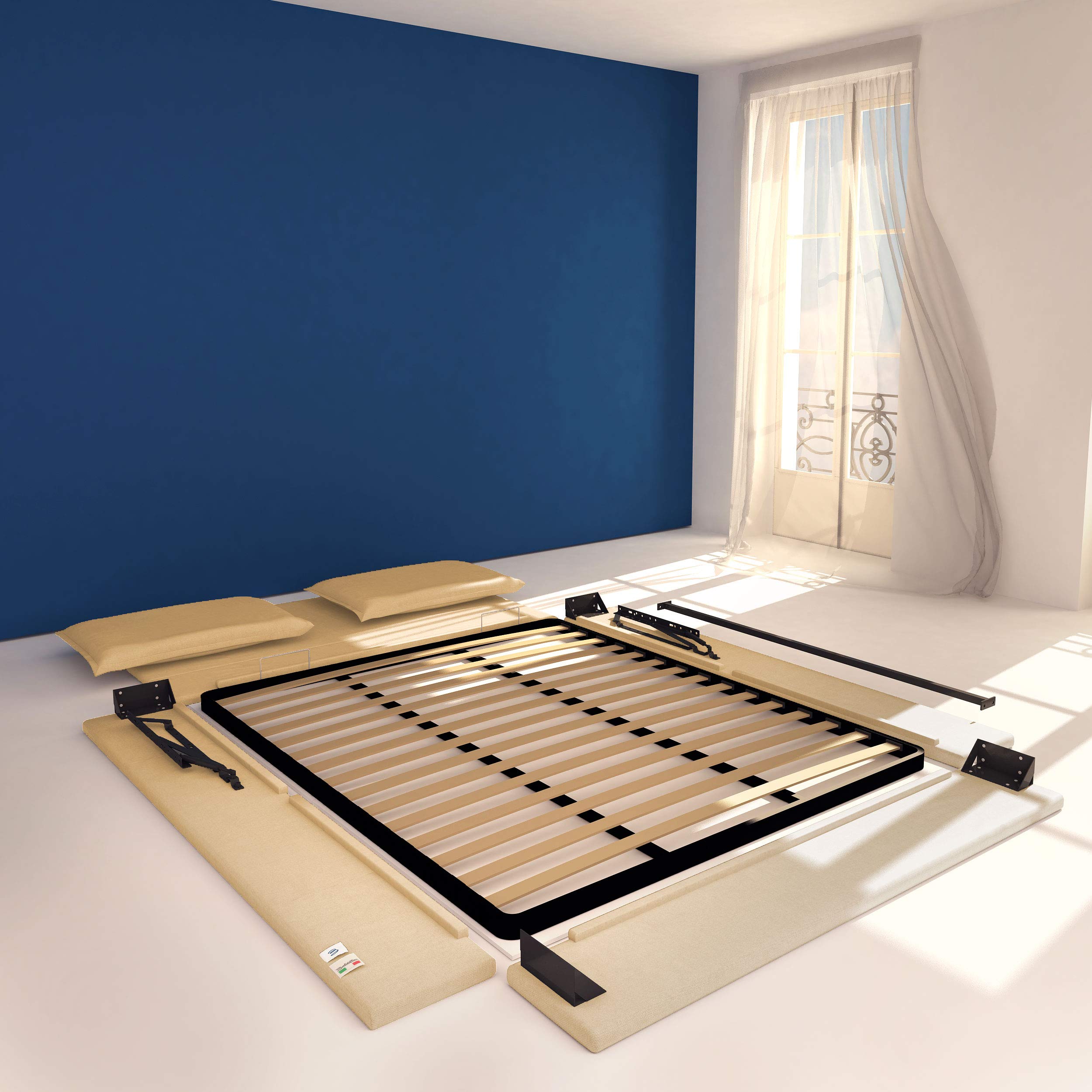 Baldiflex Licia Queen Size Bed Frame with Upholstered Synthetic Leather Headboard and Slatted Base - 160x190cm Mattress Foundation for Master Bedroom, Guest Room & Modern Home Decor