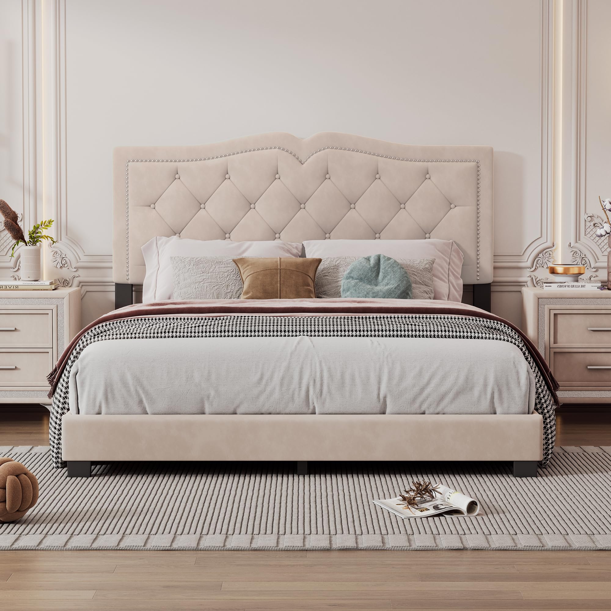 Luxury Velvet Upholstered Platform Bed Frame with Rivet Design - Queen Size Soft Headboard Bed with Slats, No Box Spring Needed - Easy Assembly Modern Bedroom Furniture (Beige) | Perfect for Master Bedrooms, Guest Rooms & Small Space Apartments