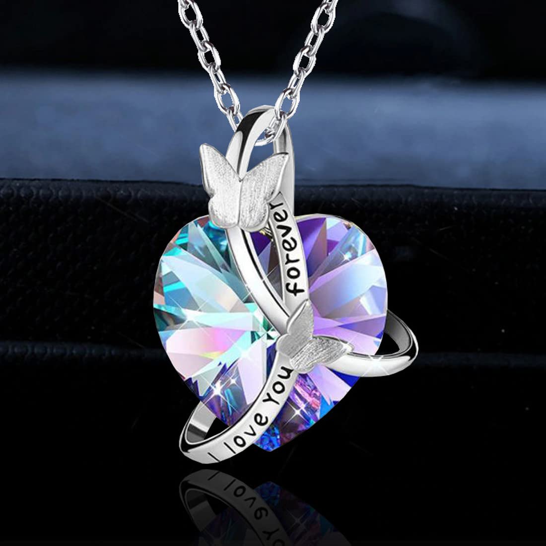 **Elegant Yellow Chimes Pendant Necklace for Women & Girls – Blue Crystal Heart Butterfly Pendant with Silver Tone Chain | Perfect Birthday Gift for Girls, Anniversary Gift for Wife (Purple Heart Pendant Option) | Ideal for Parties, Weddings & Everyday Wear**