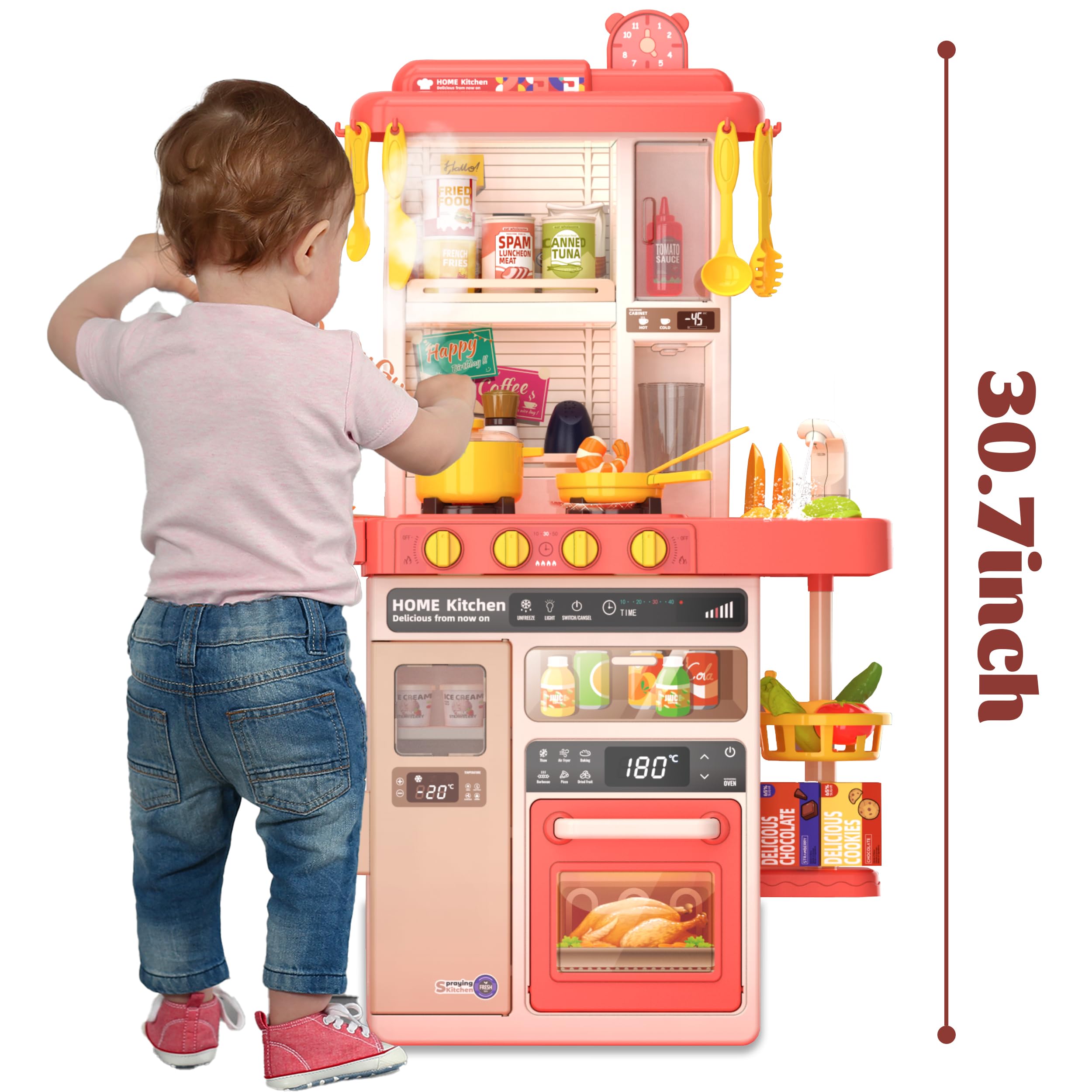 Interactive Kids Kitchen Play Set with 50Pcs Pretend Food & Cooking Toys - Realistic Sound Effects & Simulated Functions for Toddlers Ages 2-12 - Pretend Play, Role Play & Early Learning (Pink) | Perfect for Birthday Gifts, Preschool Education & Family Fun Time