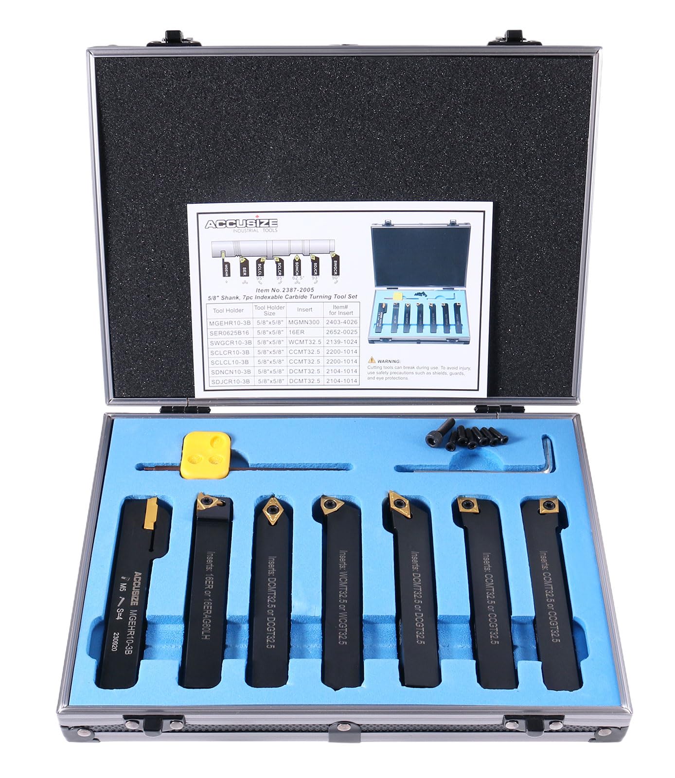Accusize Industrial Tools 5/8'' Shank 7-Piece Indexable Carbide Turning Tool Set in Fitted Box (2387-2005) - Perfect for Lathe Turning, Metalworking & Machining Projects