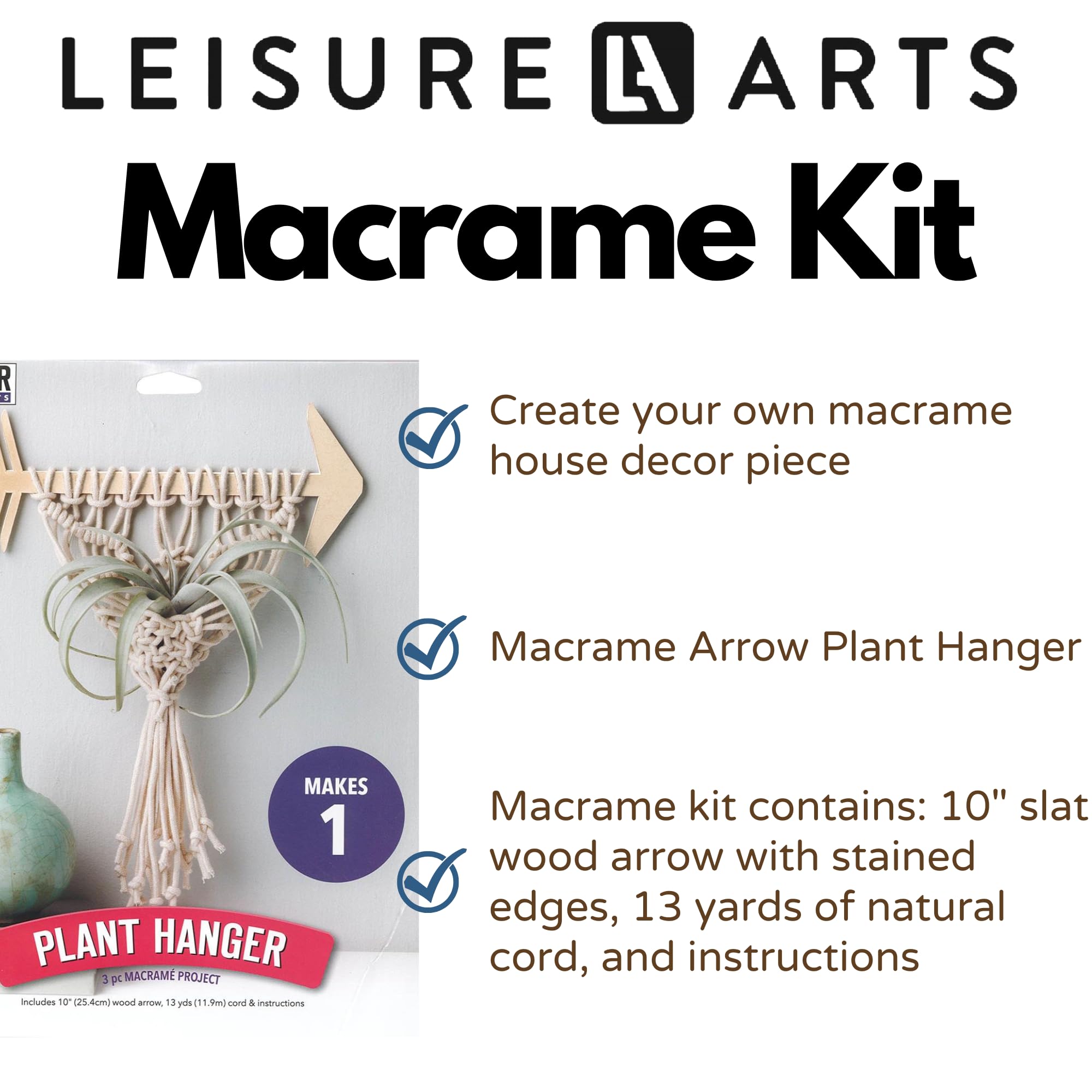 Leisure Arts Mini Maker Macrame Kit - Natural Cotton DIY Macrame Craft Set for Beginners | Home Decor, Wall Hanging, Plant Hanger, Boho Style Accessories