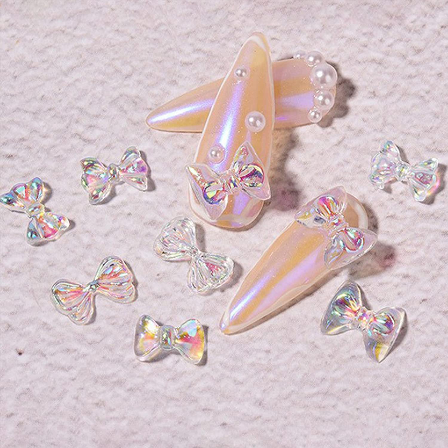 JERCLITY 3D Aurora Butterfly & Bow Nail Charms - 2 Boxes Nail Art Decorations with Pearls & Studs for Acrylic Nails - Perfect for Salon, DIY Manicure & Women's Nail Accessories - Great Gift for Girls & Teens