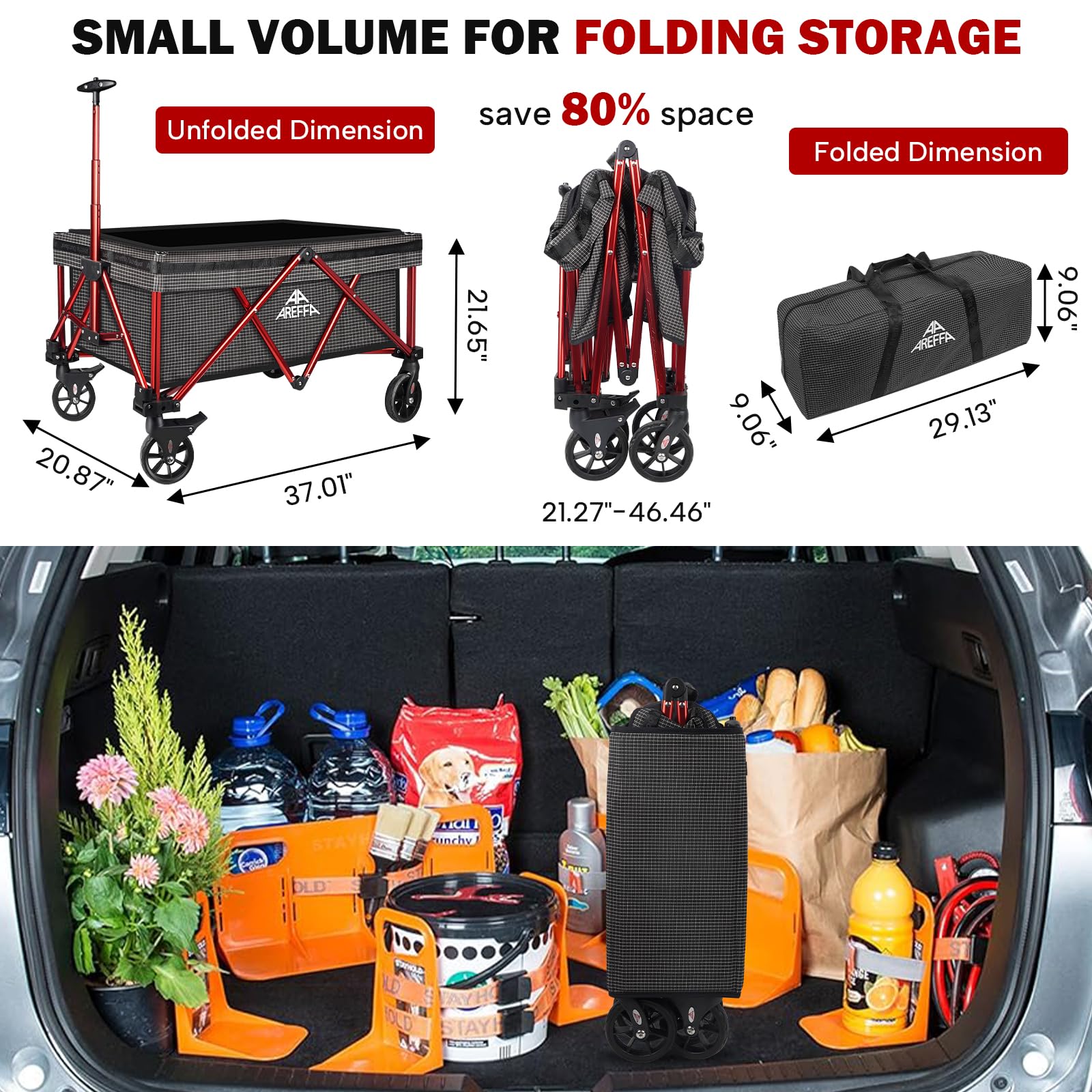 Foldable Outdoor Utility Cart with All-Terrain Wheels - Heavy Duty Collapsible Wagon for Camping, Grocery Shopping & Beach - Large Capacity AREFFA Folding Wagon for Picnics, Gardening, and Outdoor Adventures