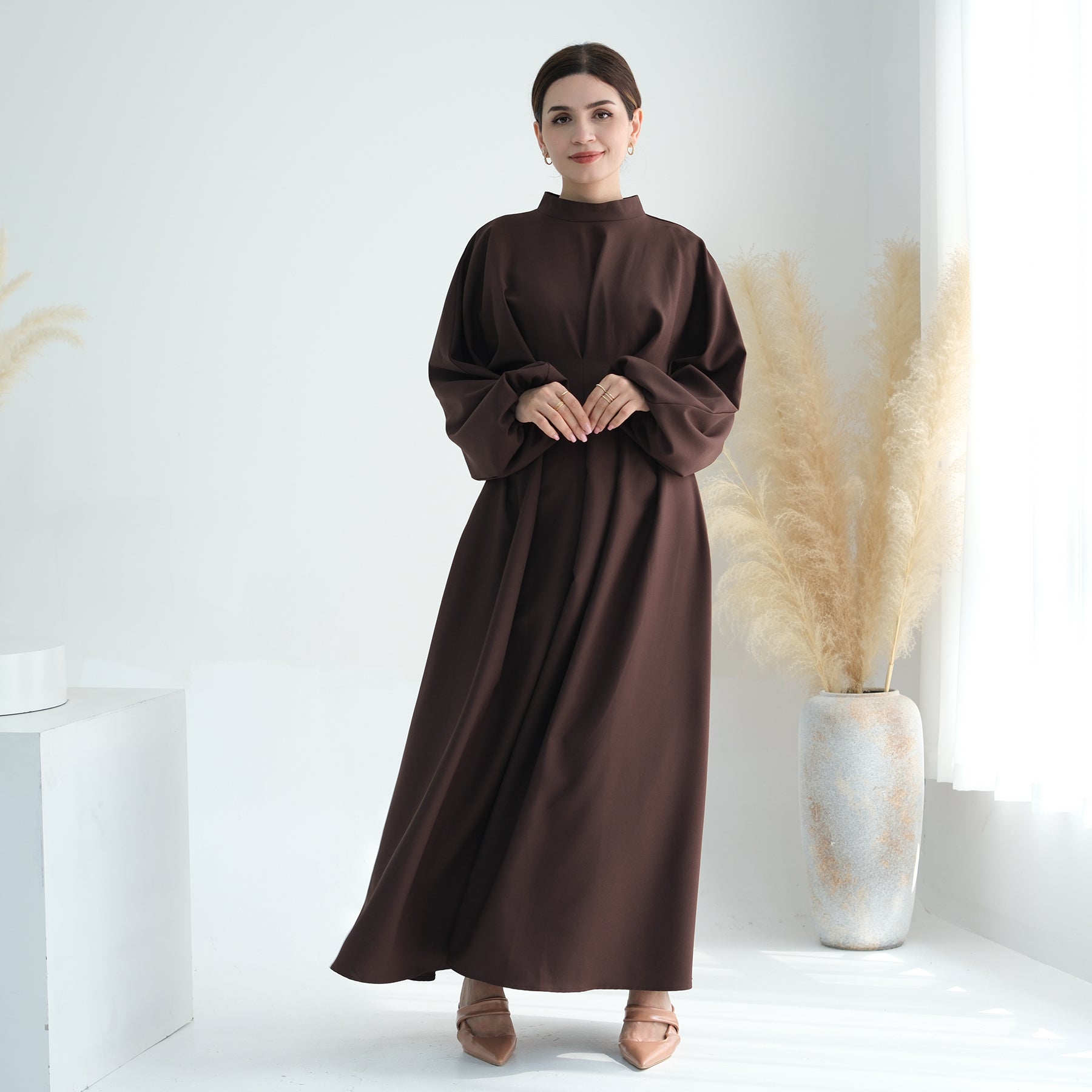 Madison Long Sleeve Maxi Dress for Women - Elegant Coffee Brown Flowy Boho Style - Perfect for Weddings, Parties & Fall Fashion