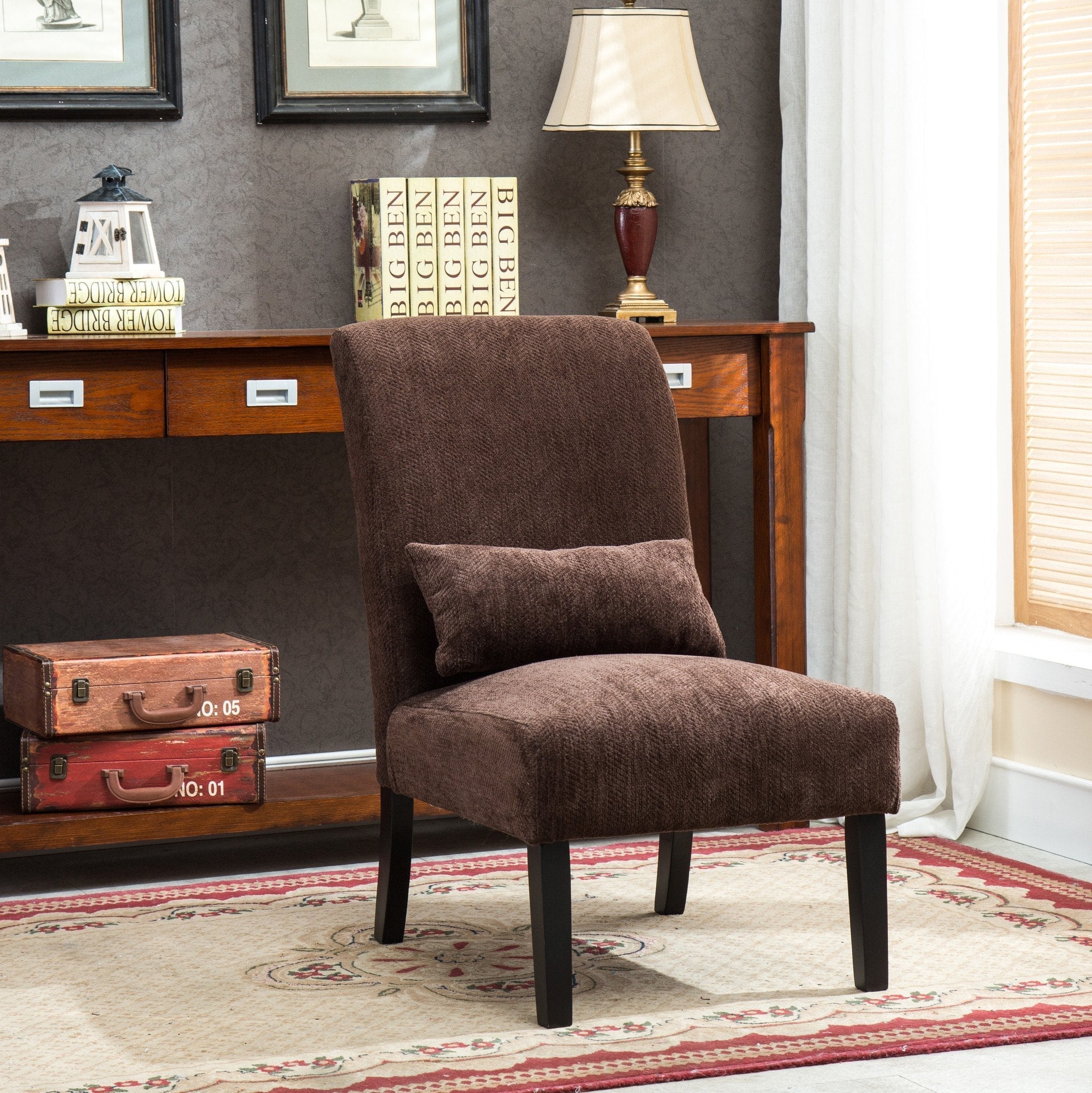 Roundhill Furniture Pisano Chenille Fabric Armless Contemporary Accent Chair with Matching Kidney Pillow - Modern Living Room Seating for Small Spaces, Home Office & Reading Nook