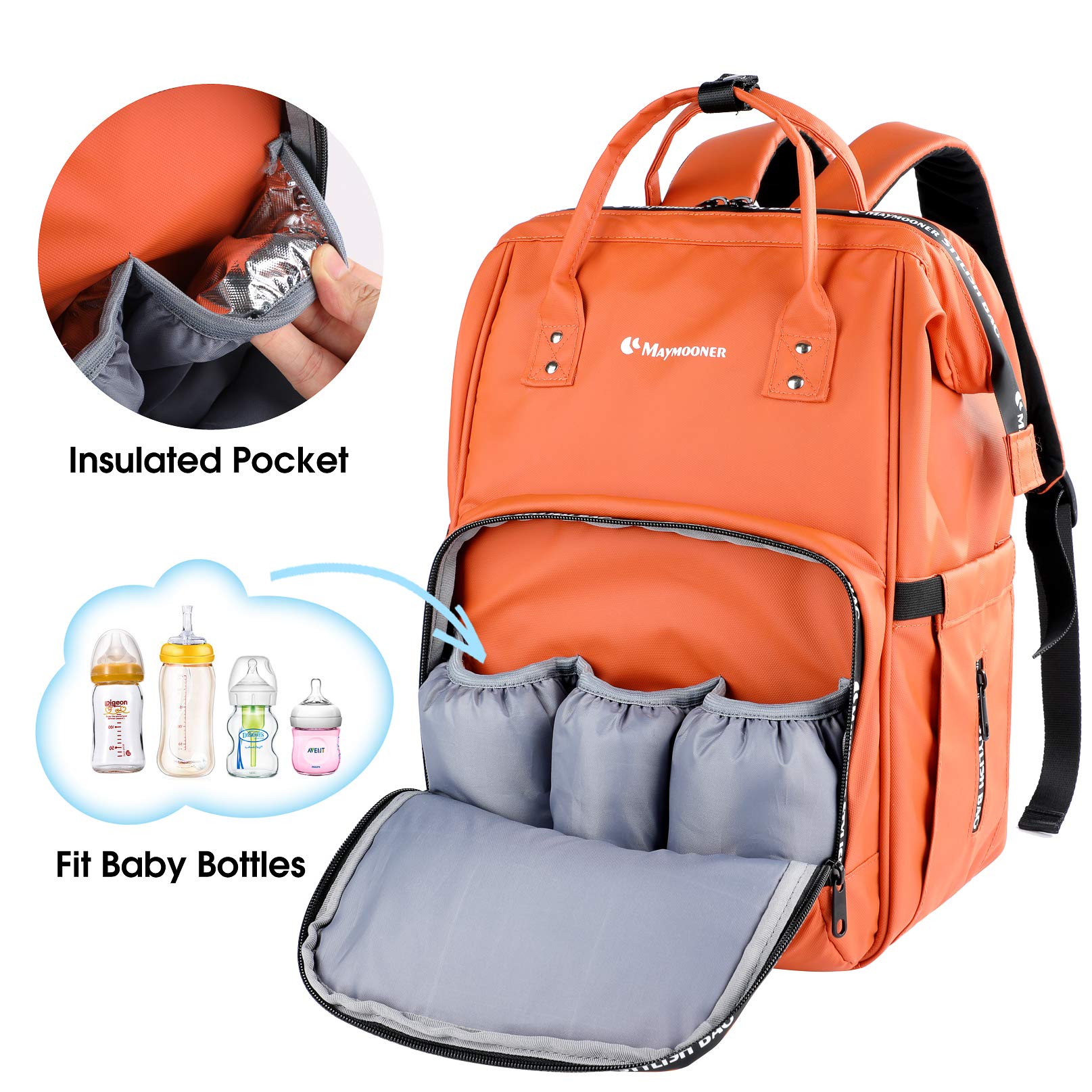 Best Waterproof Diaper Bag Backpack with Changing Pad - Large Maternity Baby Bag with Insulated Pockets, Orange Diaper Rucksack for Travel, Outings & Daily Use