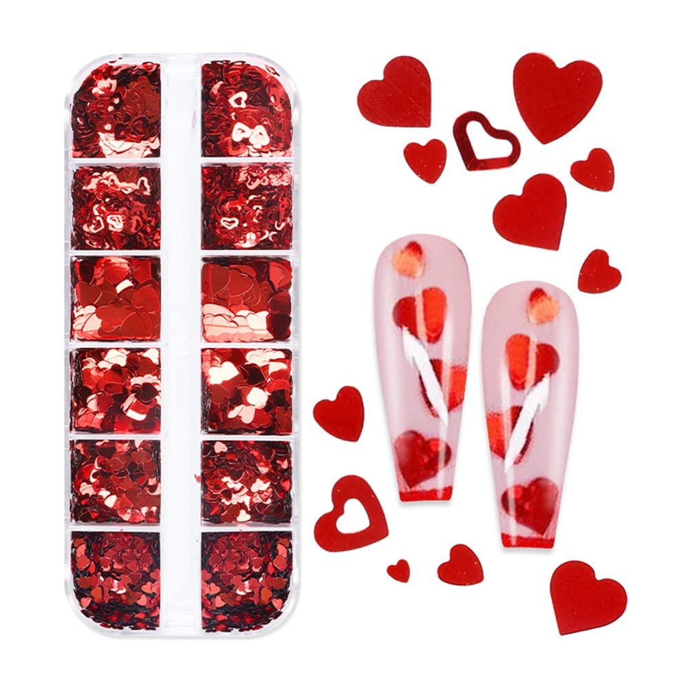 Valentine's Day Nail Art Glitters - 3D Heart Shaped Holographic Nail Sequins for Women & Girls | 12 Grids Red Sparkling Hollow Heart Nail Decor | Perfect for Valentine's Day Manicures, Parties & Special Occasions