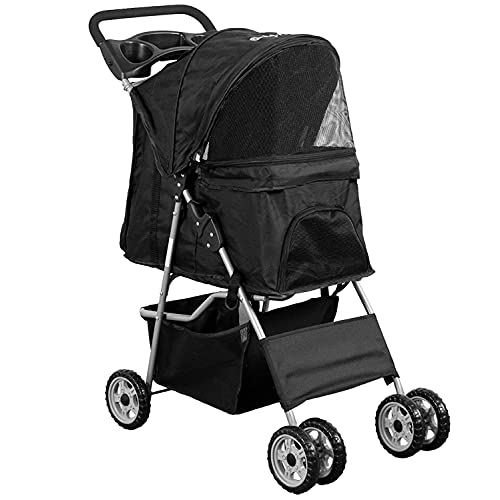 4 Wheel Foldable Lightweight Pet Stroller for Dogs & Cats - Easy Walk Travel Carrier with Storage Basket, Jogging Stroller for Outdoor Adventures (Black) | Perfect for Park Visits, Vet Trips & Daily Walks