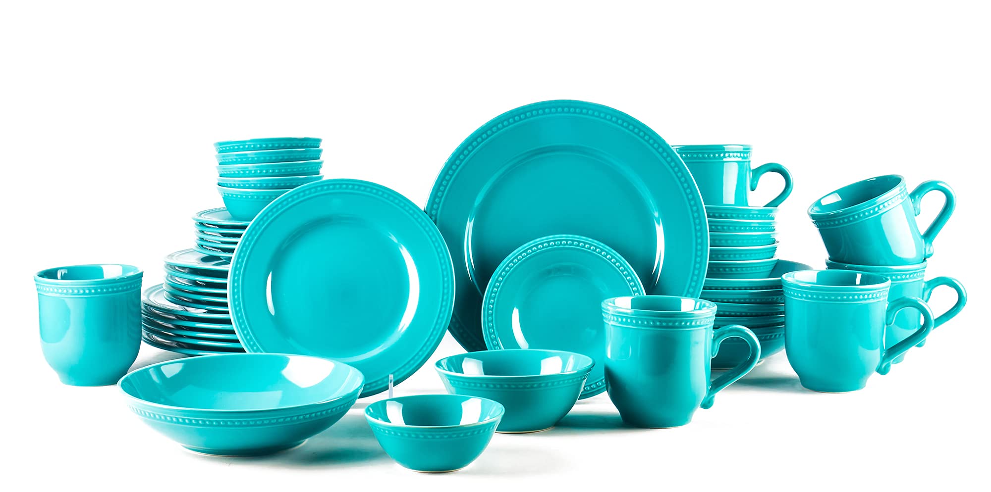 Premium Pearl Dots Stoneware Dinnerware Set - 42 Piece Turquoise Dinner Plates, Bowls & Mugs - Elegant & Durable Ceramic Tableware for Everyday Dining, Entertaining & Restaurant Use
