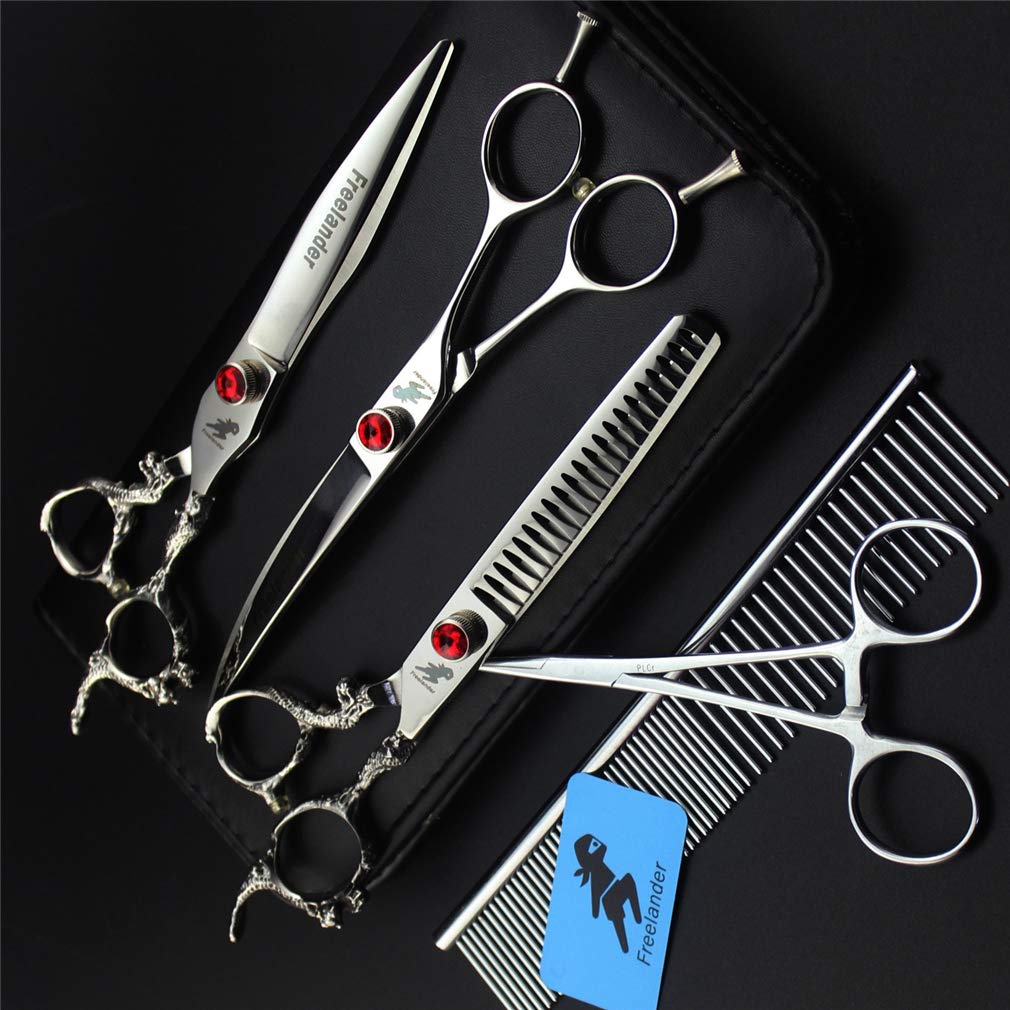Premium Dragon Pattern Pet Grooming Scissors Set - 3 Piece Stainless Steel Kit (7 Inch Straight, Thinning & Curved Scissors) for Professional Cat & Dog Grooming - Perfect for Home Pet Care & Salon Use