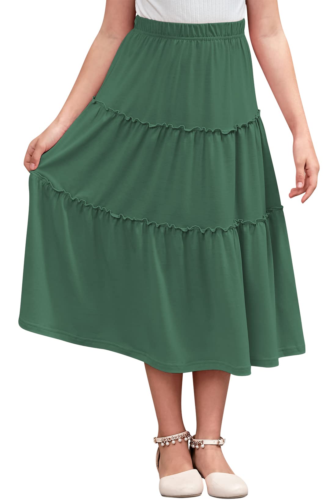 GORLYA Girls Bohemian Casual Elastic High Waist Tiered Ruffle Hem Long Swing Maxi Skirt for Kids 4-14 Years - Perfect for Beach Vacations, Summer Outfits & Boho Fashion