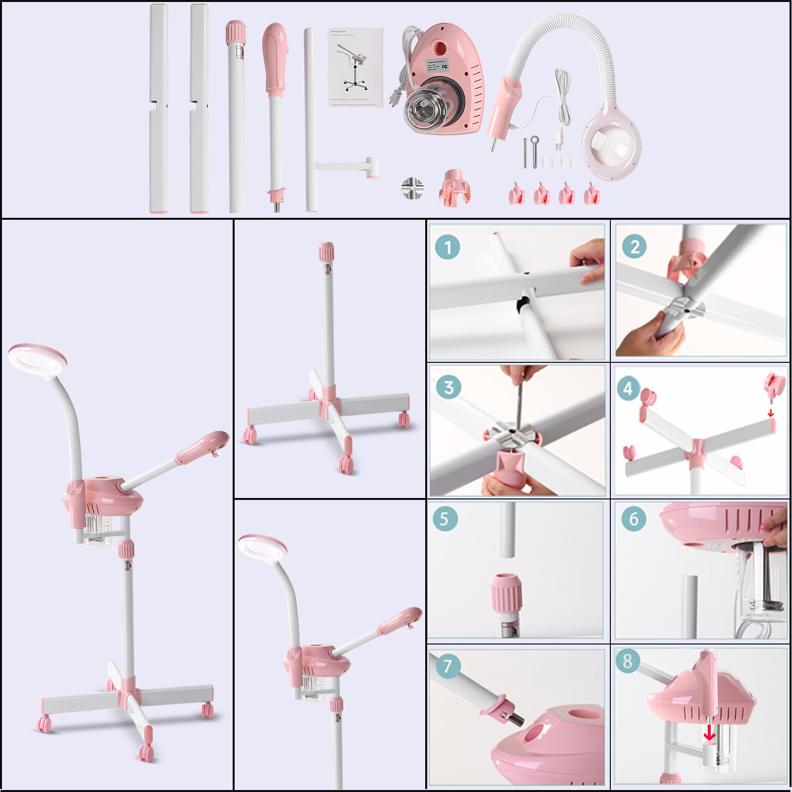 Professional 2-in-1 Ozone Facial Steamer with 5X Magnifying Lamp & Wheels - Adjustable Time Setting for Estheticians & Home Spa - Pink Beauty Salon Equipment for Deep Cleansing & Skin Hydration (Perfect for Facial Treatments, Acne Care & Relaxation Therapy)