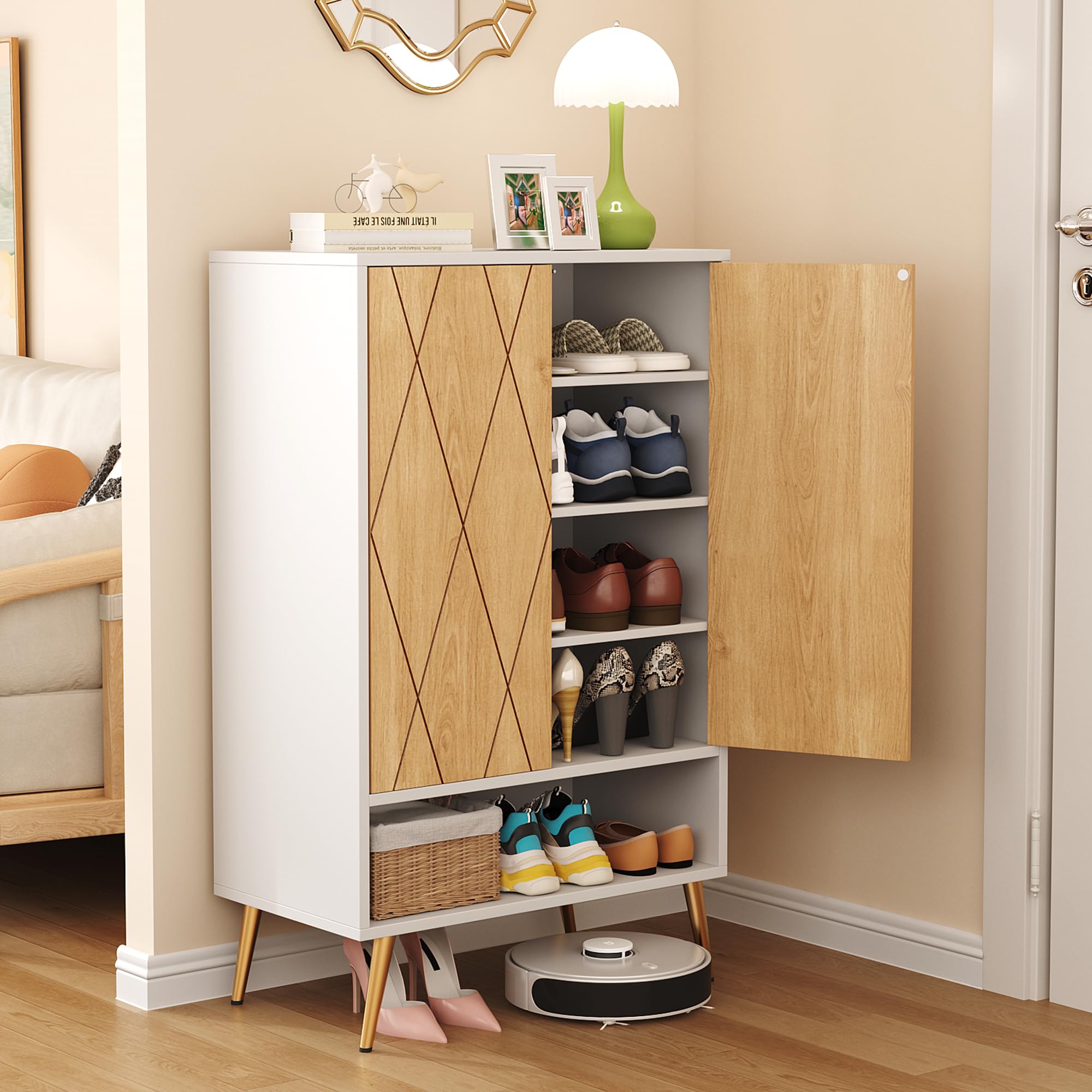 HOMEFORT 18-Pair Shoe Storage Cabinet - 6-Tier Modern Shoe Rack Organizer with Double Doors & Adjustable Shelves for Entryway, Closet or Bedroom - White Oak Shoe Cabinet for Narrow Spaces