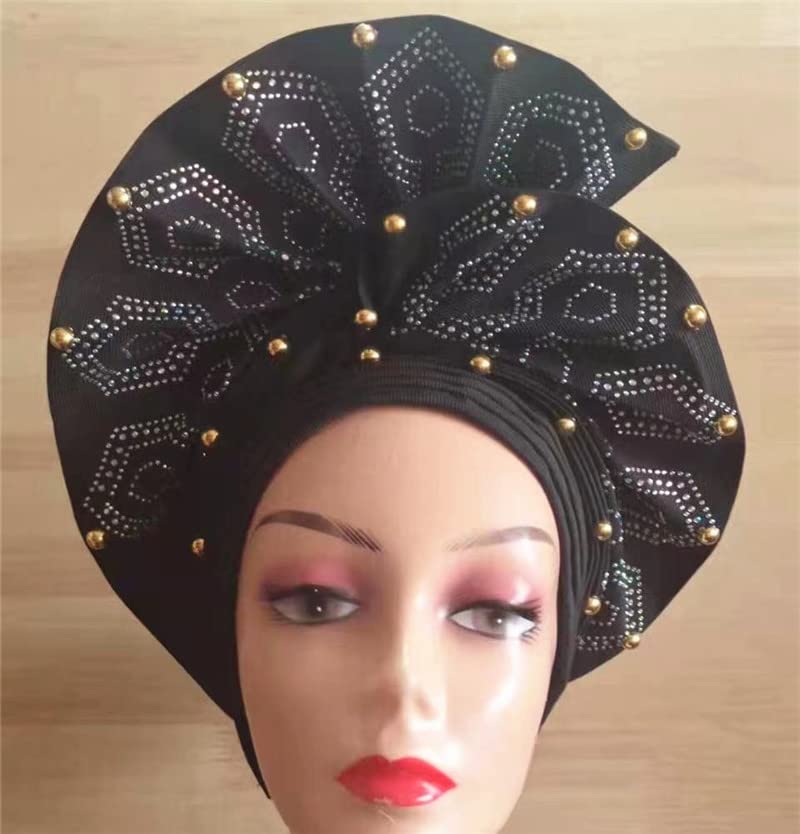 Premium Nigerian Gele Head Wrap - Ready-Made African Headscarf for Women, Elegant Headband & Headgear, Black Party Headtie with High-Quality Sewing Fabric | Perfect for Weddings, Church & Special Occasions