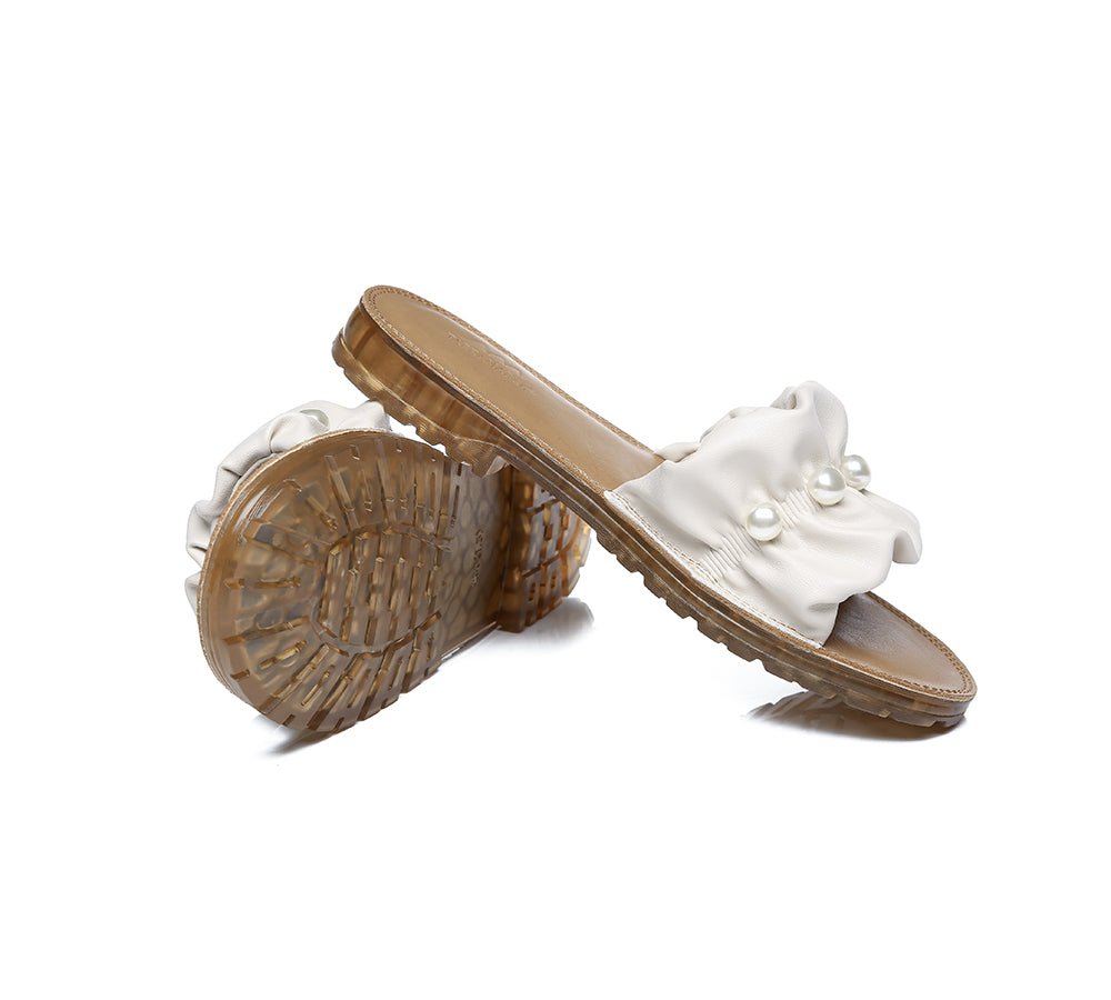 TARRAMARRA® Women's Genuine Leather Flat Slides with Pearls - Ultra Soft Comfortable Sandals for Casual Wear, Home, and Beach
