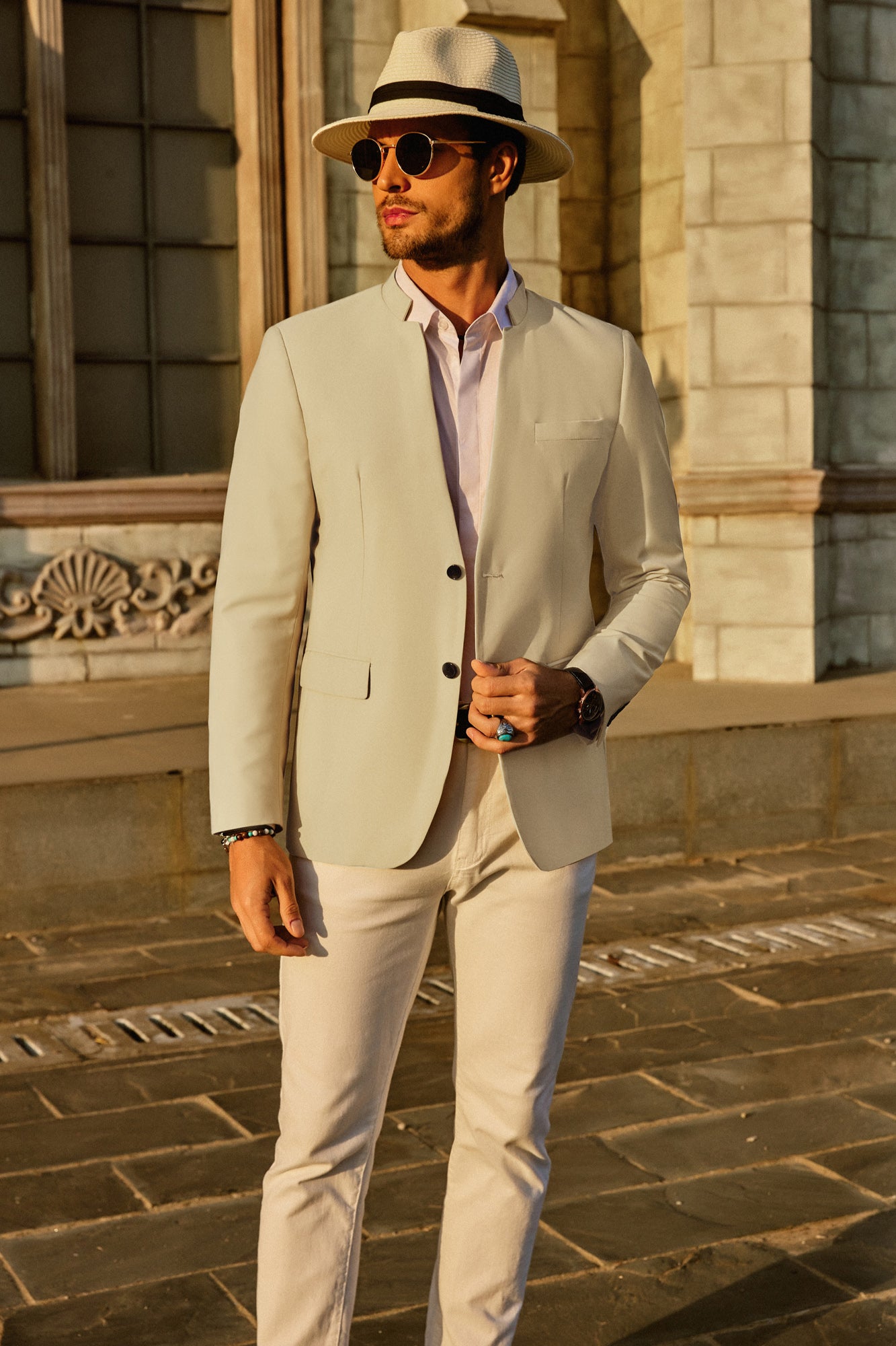 Men's Casual Suit Two-Button Blazer Jacket with Mandarin Collar - Slim Fit Sport Coat for Business, Office, and Formal Occasions