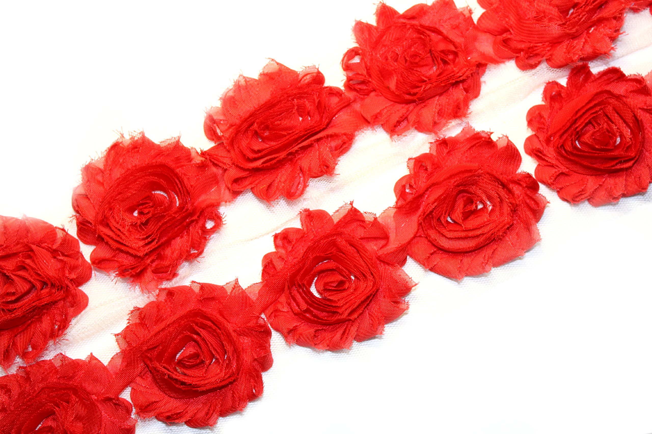3 Yards 42-Piece 2.5 Inch Shabby Rose Trim - Floral Chiffon Rosette Ribbon for DIY Crafts, Wedding Decor, Hair Accessories (Red)