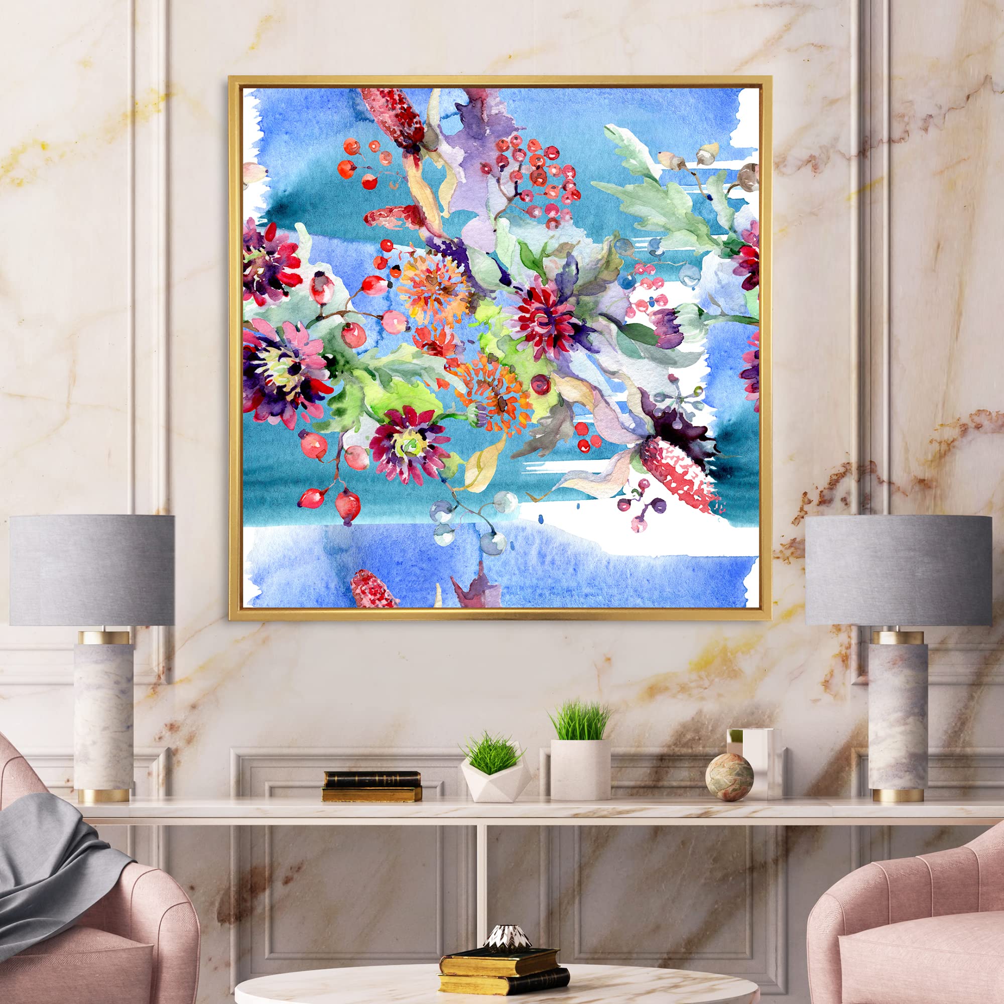 DesignQ Vibrant Wild Spring Leaves & Flowers XIII - Modern Framed Canvas Wall Art Print for Living Room, Bedroom & Office Decor
