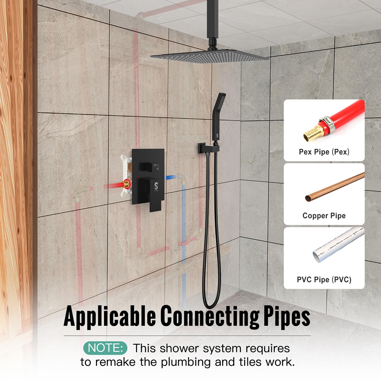 SR SUN RISE 10 Inch Ceiling Mounted Rainfall Shower System - Matte Black Shower Combo Set with Mixer Valve & Rough-in Trim - Perfect for Modern Bathroom & Spa Experience