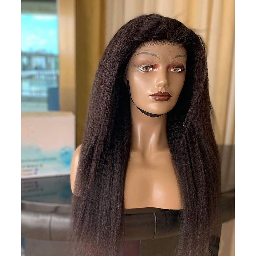 360 Lace Front Wigs 10A Brazilian Human Hair - Jet Black Kinky Straight Wig for Black Women with Baby Hair | Medium Cap Size 10