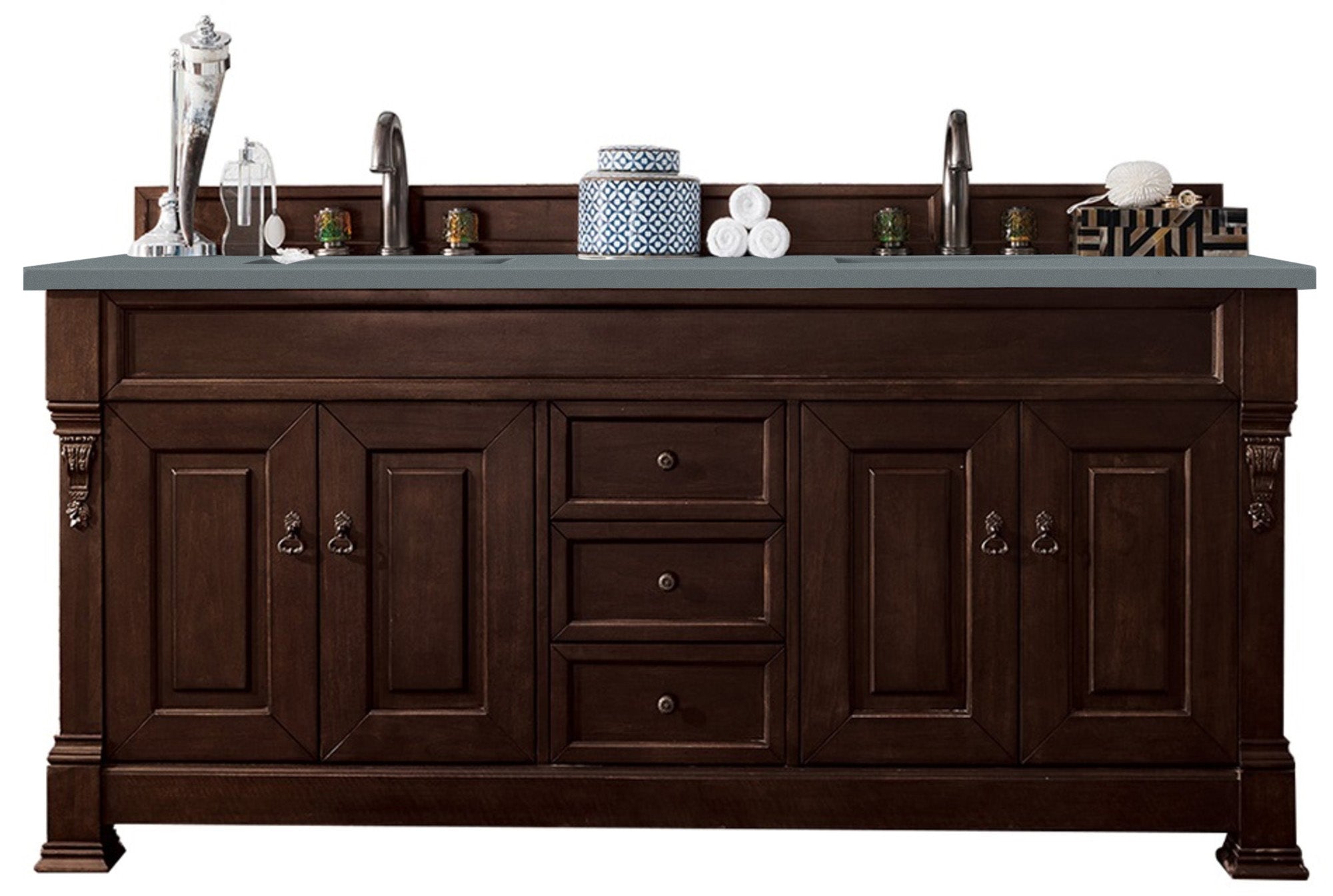 Brookfield 72-Inch Double Vanity with Burnished Mahogany Base & 3CM Calacatta Blue Quartz Countertop - Perfect for Master Bathroom Renovation