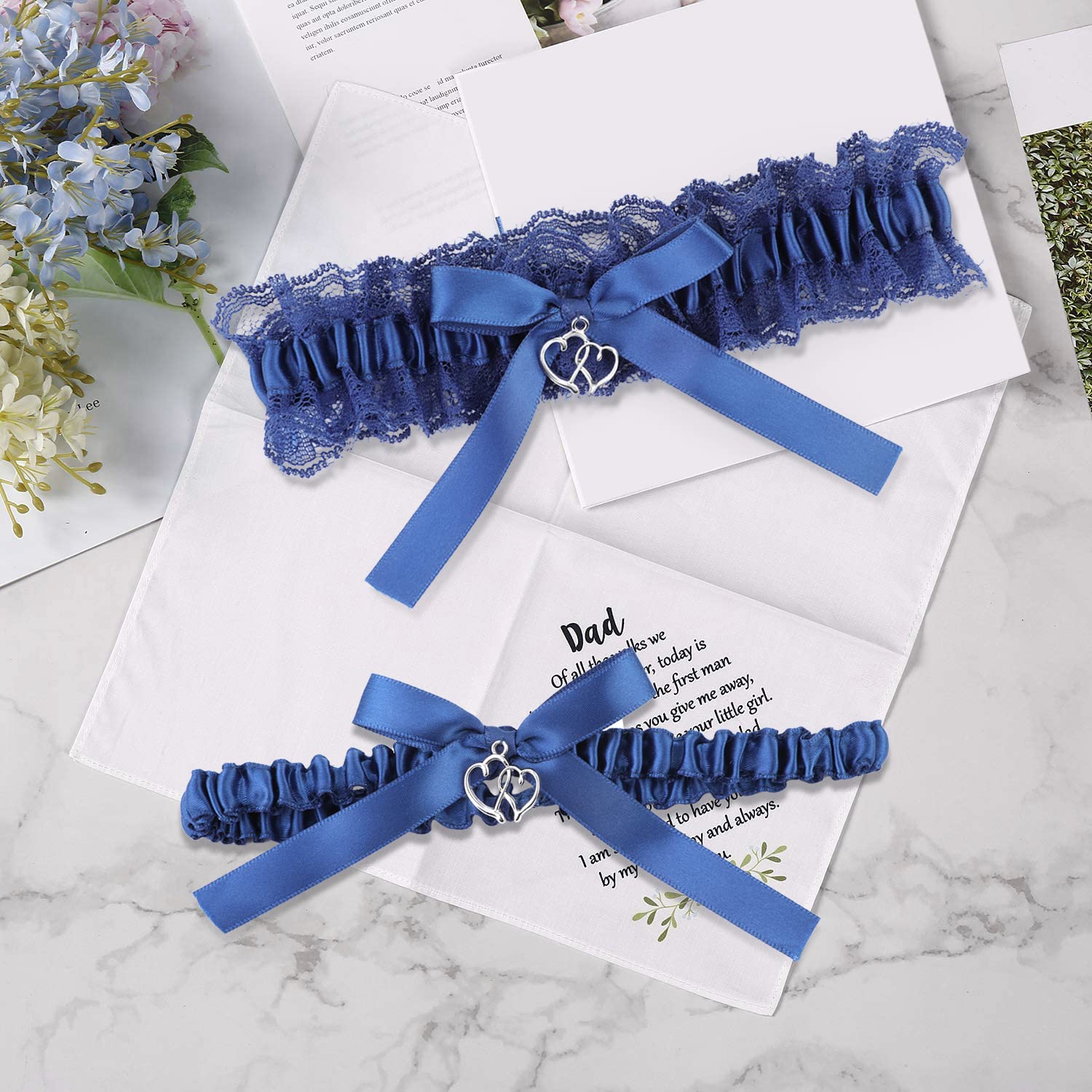 MWOOT Blue Bridal Garter Set - Elegant Lace Wedding Garter Belt for Bride to Be, Stretchable Elastic Bridal Accessory, Perfect Wedding Day Gift & Hen Party Favor - Ideal for Bouquet Toss, Something Blue Tradition and Bridal Shower Games