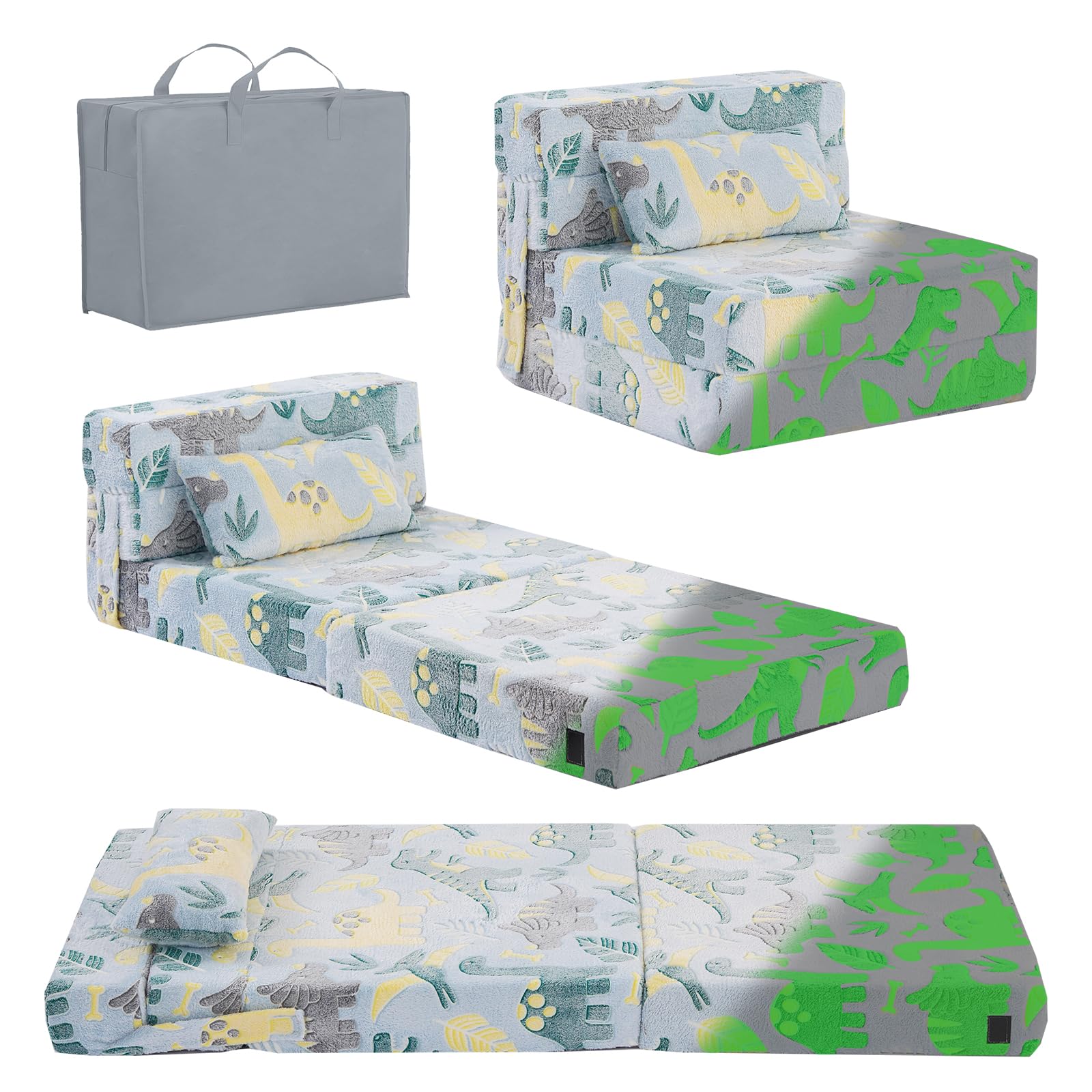 Tiita Kids Folding Sofa Bed - Convertible Toddler Floor Bed & Nap Mat with Storage Bag | Green Dinosaur Design | Perfect for Playrooms, Daycare & Sleepovers