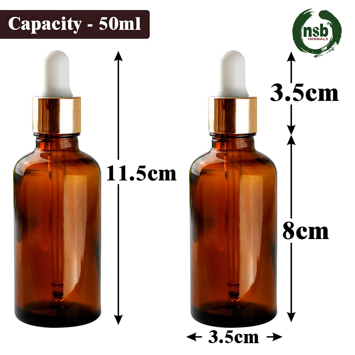 NSB Herbals 50ml Amber Round Empty Glass Bottle with Glass Dropper, Gold Ring & White Silicone Teat - Refillable, Reusable, Leak Proof for Essential Oils, DIY Perfumes, Face Serums & Blends (Pack of 3) - Perfect for Aromatherapy, Homemade Skincare & Travel Size Liquids