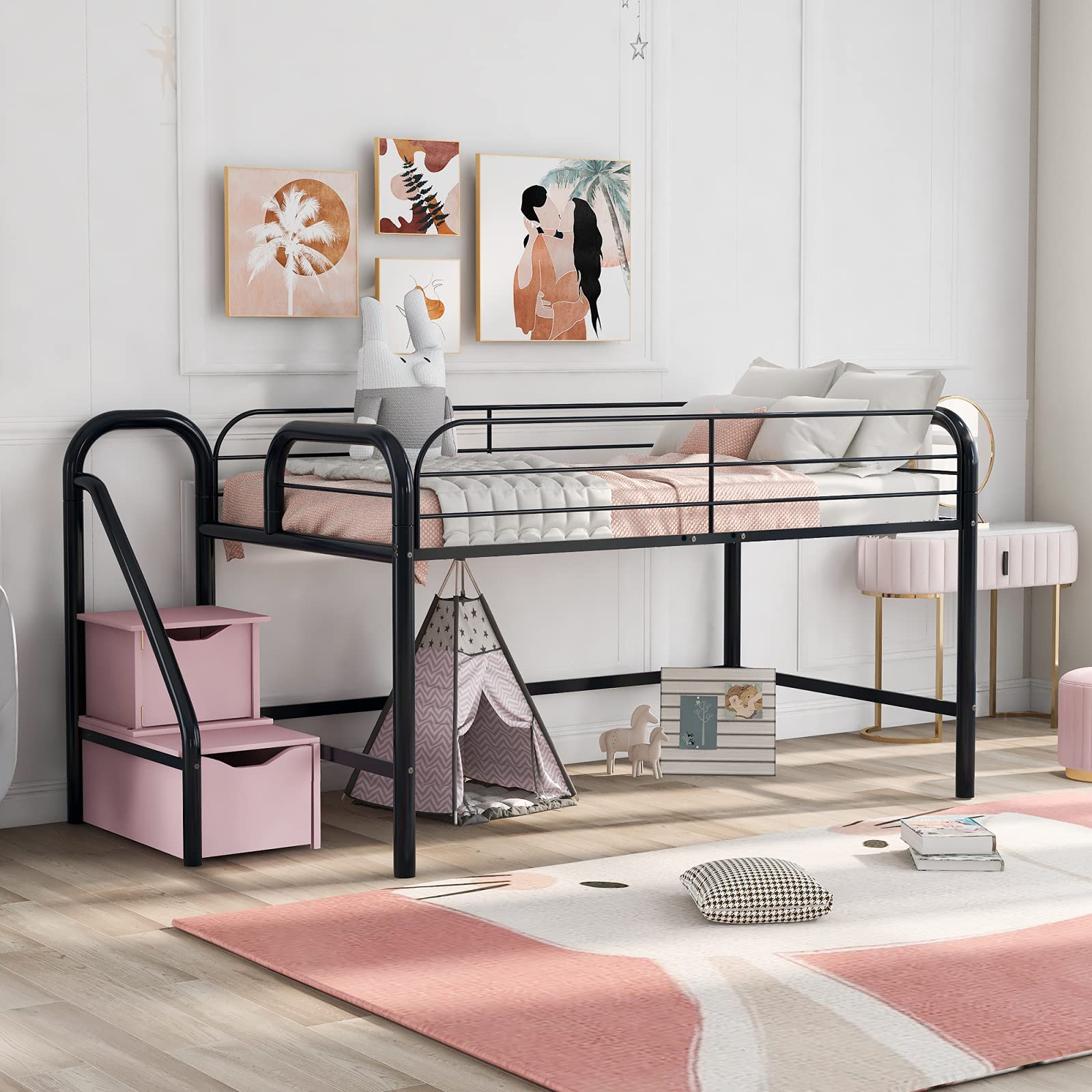 Pannow Twin Metal Loft Bed with 2 Storage Steps & Drawers - Space-Saving Kids & Teens Bed Frame with Safety Guardrail - No Box Spring Needed (Black with Pink Steps) - Perfect for Small Bedrooms, Dorms & Shared Kids' Rooms