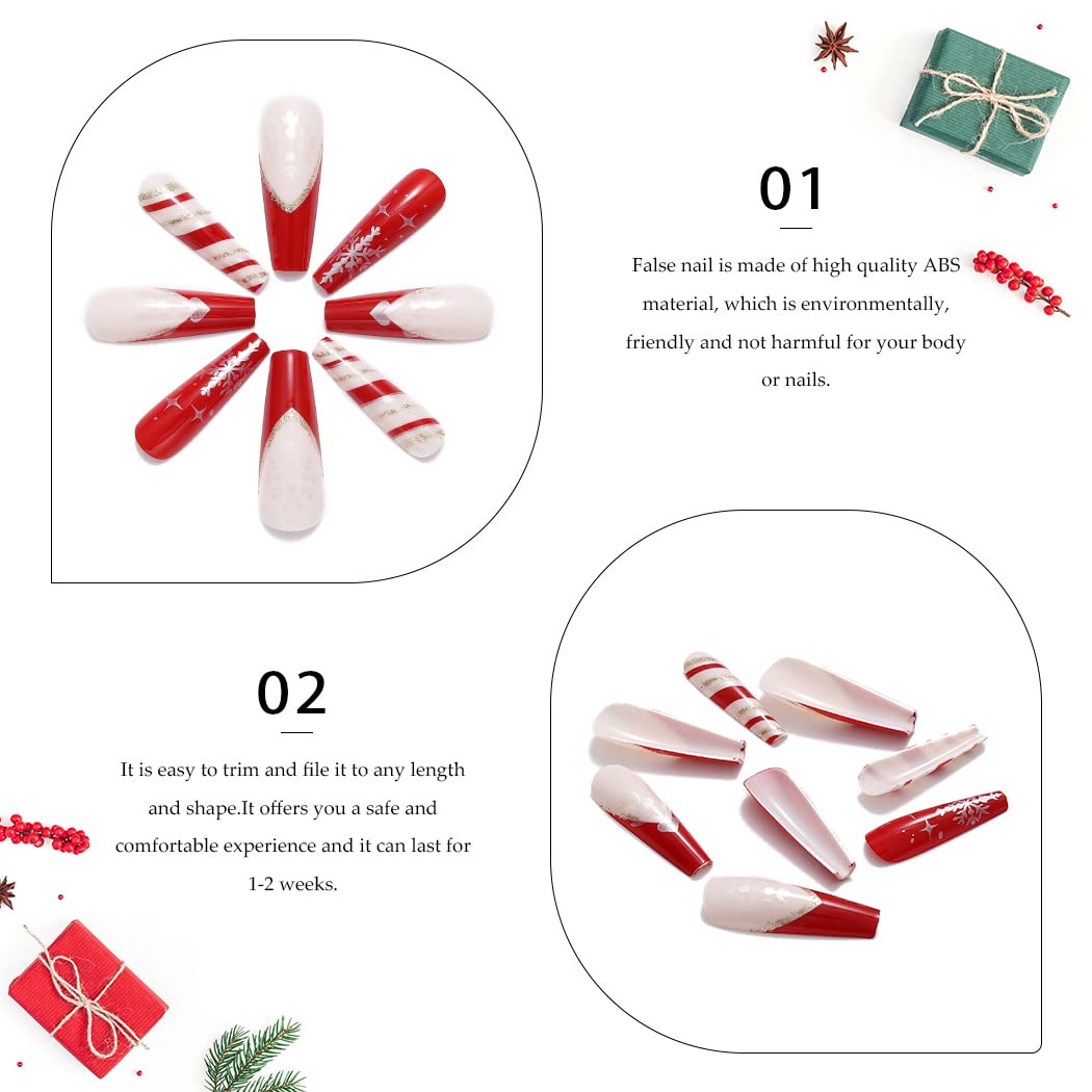 Christmas Press on Nails Long Red Glossy Fake Nails with Snowflake Design - 24Pcs Stick on Nails for Women & Girls - Perfect for Holiday Parties, Gift Giving & Festive Nail Art