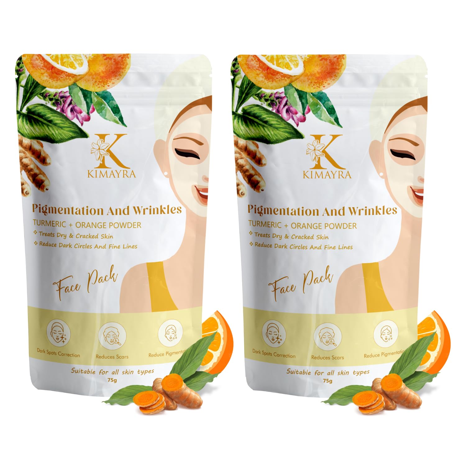 Organic Turmeric & Orange Face Brightening Powder - Reduces Pigmentation, Wrinkles & Scars | Natural Skin Care for All Skin Types | 75g (Pack of 2) | Perfect for Daily Glow Routine & Spa Treatments