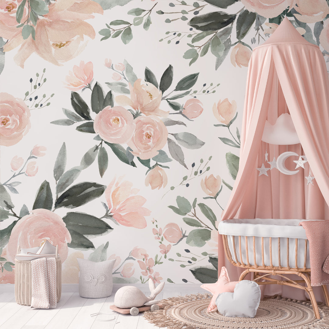 Soft Pink Roses Wall Mural WM011 - Elegant Floral Peel and Stick Wallpaper for Bedroom, Nursery & Living Room Decor | Easy to Install & Removable