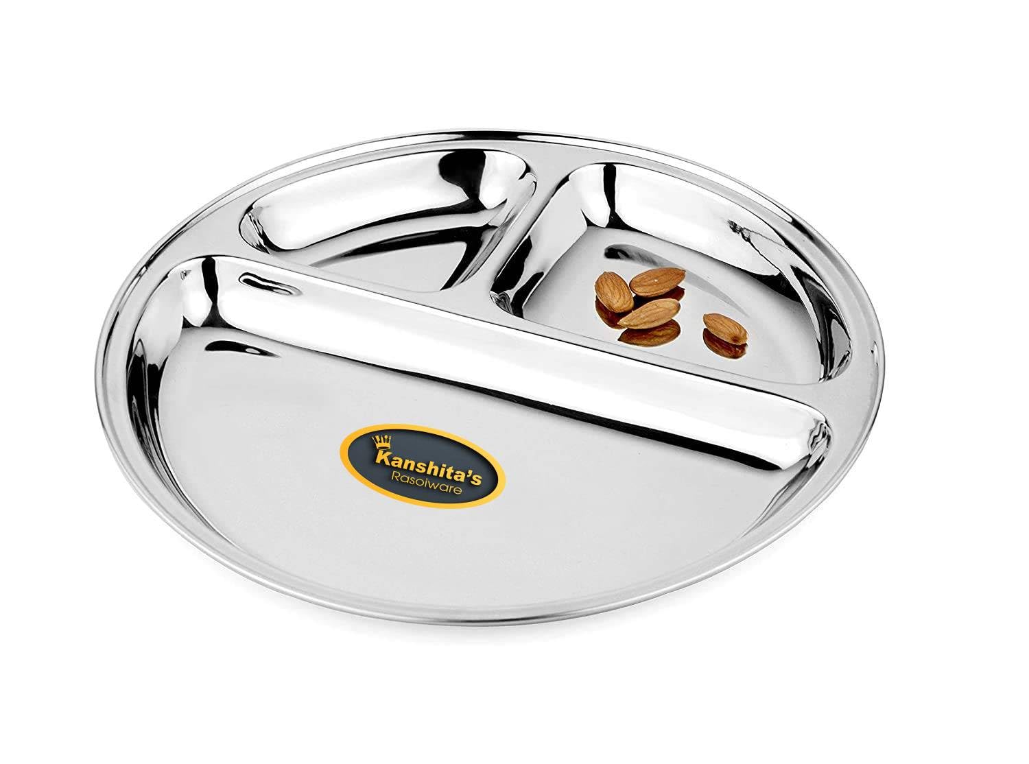 Kanshita's Premium Stainless Steel 3-Compartment Divided Thali Plate - Ideal for Lunch, Dinner & Indian Meals (Pack of 1) | Perfect for Home Dining, Office Meals & Restaurant Serving