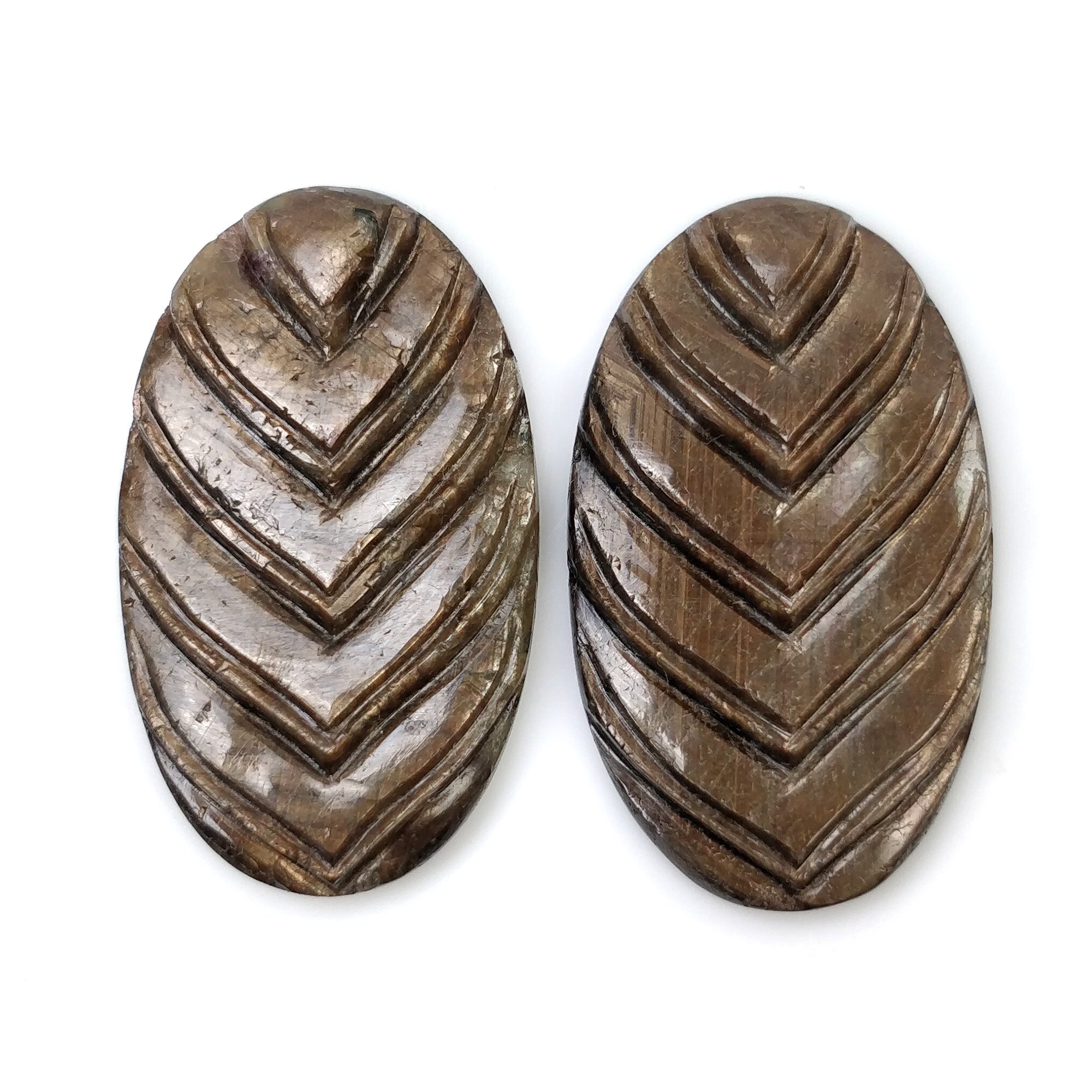 Natural Untreated Golden Brown Chocolate Sapphire Gemstone Carving - 42.80cts Hand Carved Oval Pair (30x17.5mm) with Video | Ceylon Sapphire for Jewelry Making, Engagement Rings & Luxury Gifts