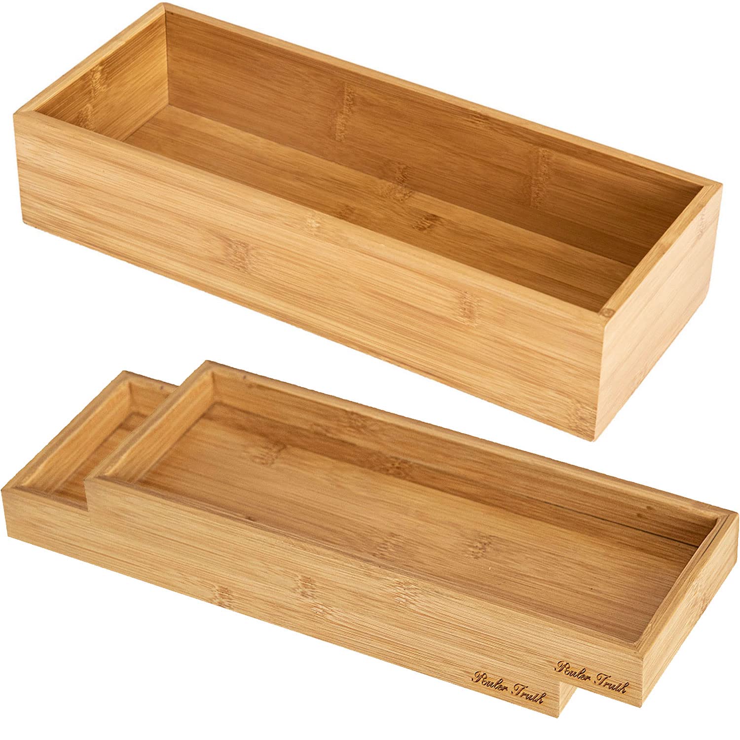 Bamboo Drawer Organizer Tray - 3 Pack Multipurpose Storage Bin for Office Desk, Kitchen Pantry, Shelves & Cabinets - Natural Wood Finish - Perfect for Home & Office Organization