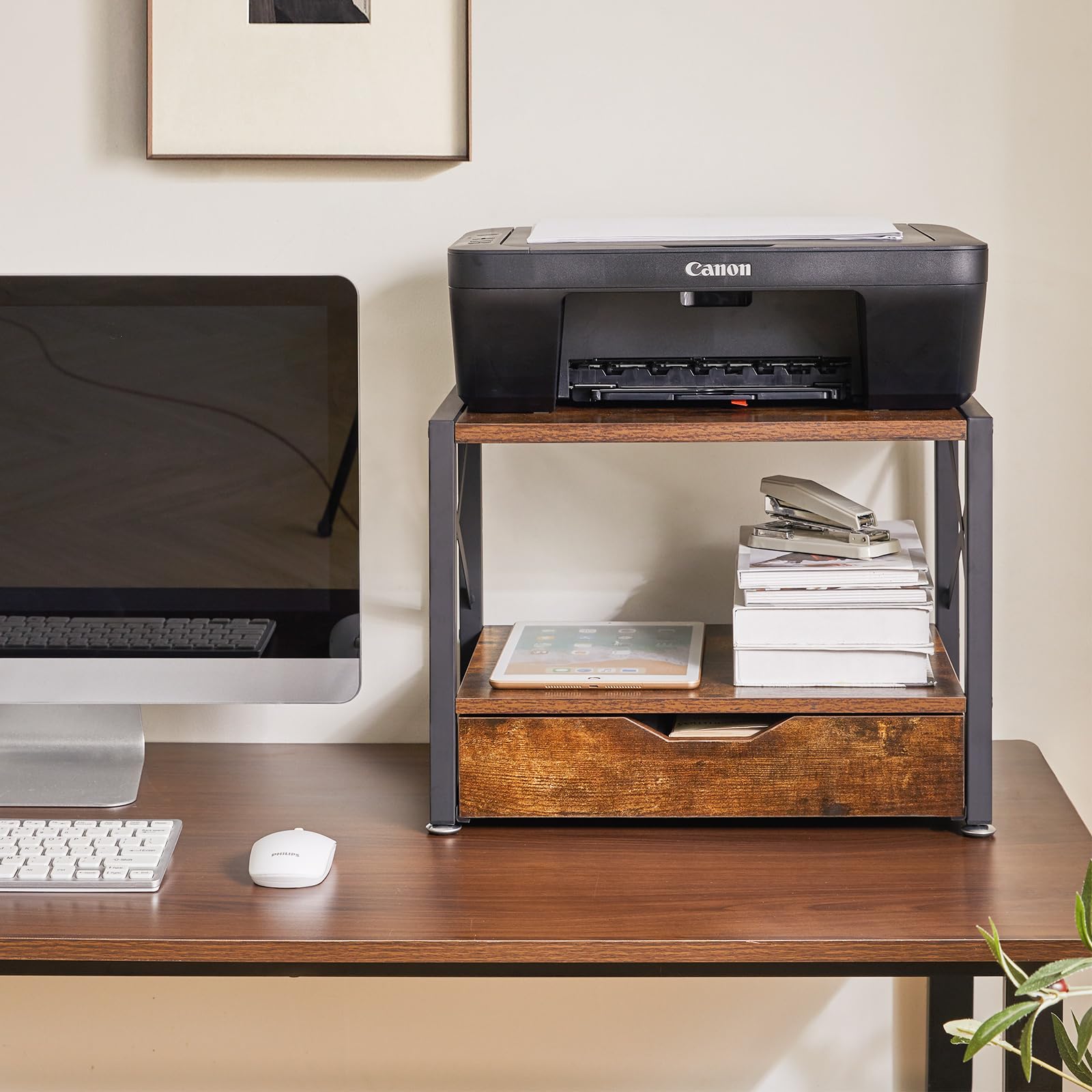 IBUYKE 2-Tier Wooden Desktop Printer Stand with Storage Drawer - Multi-Purpose Desk Organizer for Fax Machine, Scanner, Books & Folders - Rustic Brown Home Office Furniture for Workspace Organization (UTLJ006H)